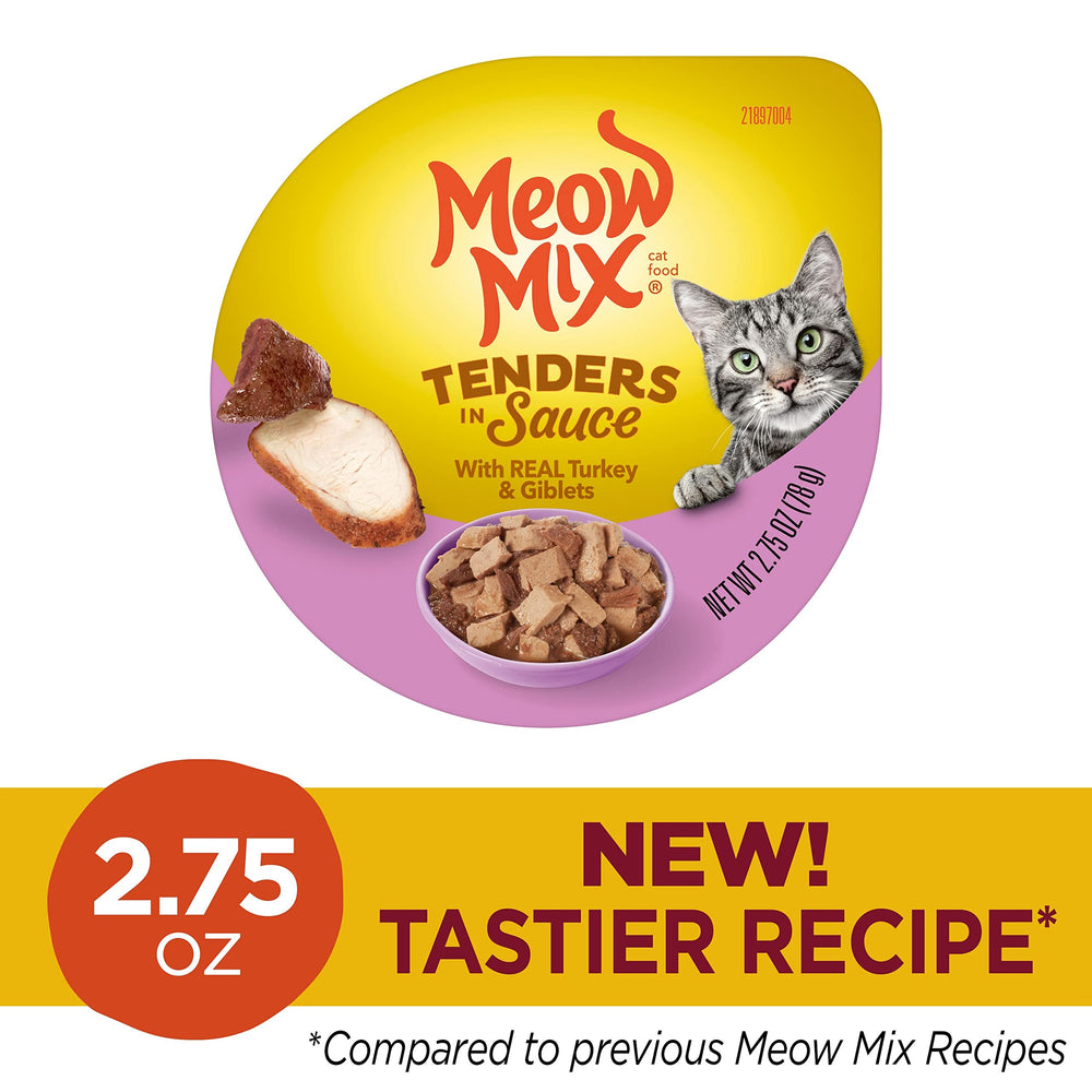 Morceaux de dinde dans Meow Mix Tendres en Sauce pour chats gourmands.