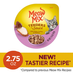 Morceaux de dinde dans Meow Mix Tendres en Sauce pour chats gourmands.