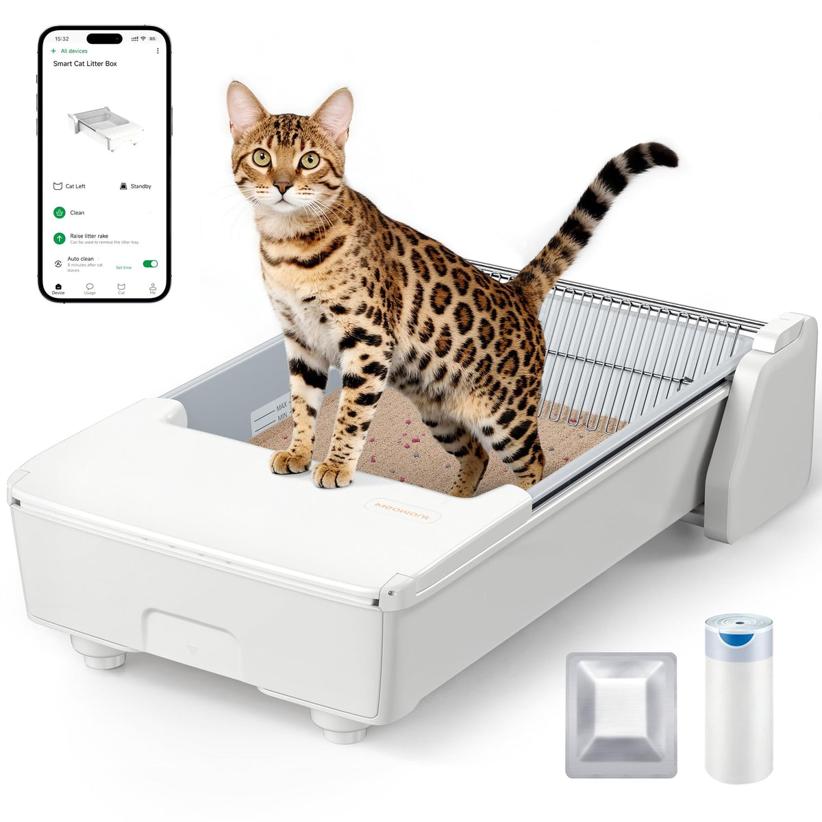 Meowant Bac à litière automatique, ouverture haute pour accès pratique et propre.