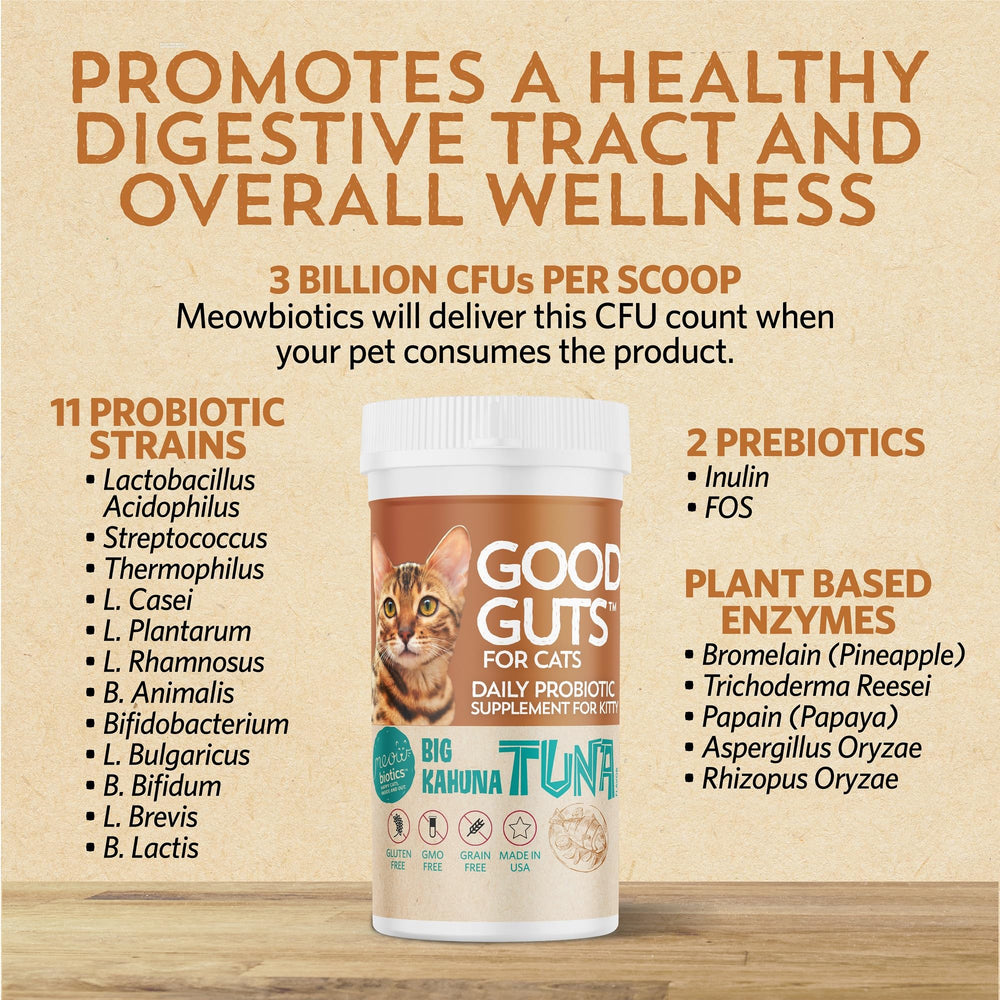 Ingrédients de qualité Meowbiotics Good Guts pour chat, sans gluten et sans OGM