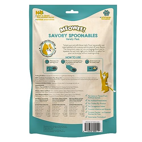 MEOWEE Savory Spoonables: trois saveurs variées, stimulation gourmande pour votre chat.