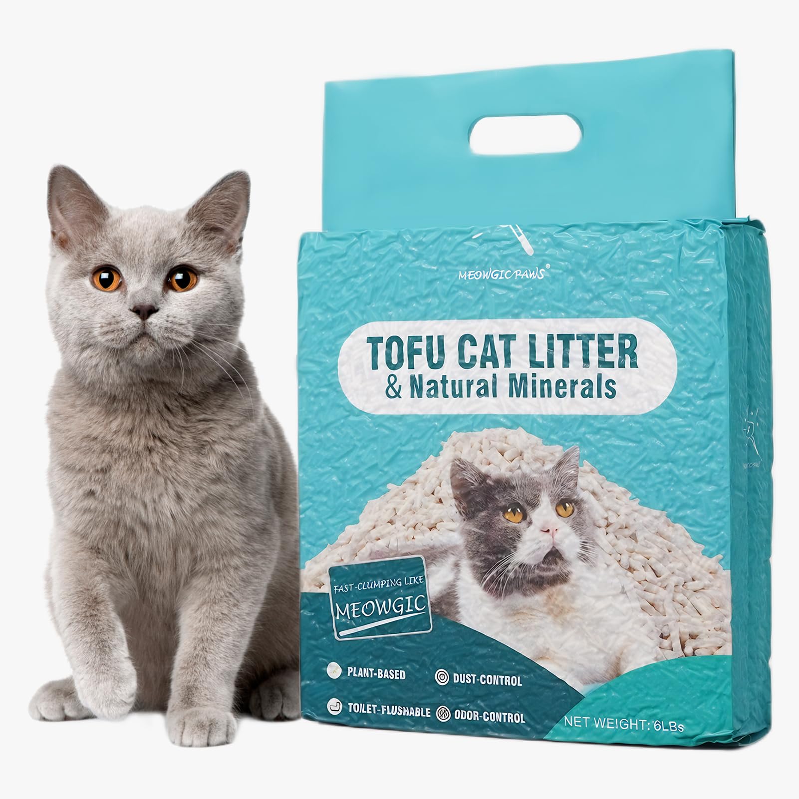 Meowgic Paws litière chat tofu pack sous vide 6 livres, pratique et frais.