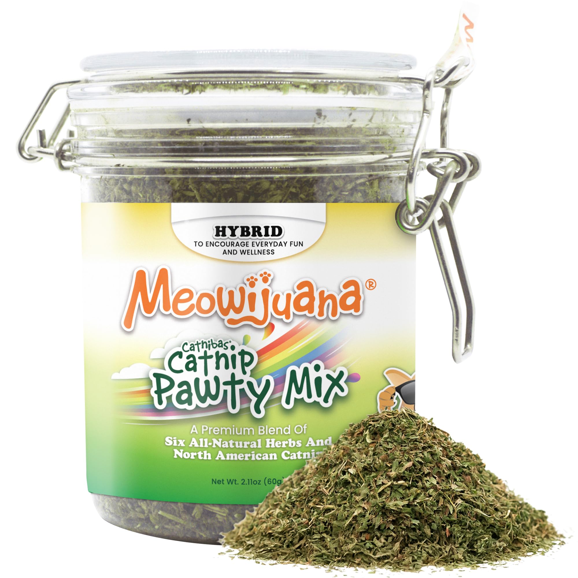 Bocal Meowijuana Catnibas Pawty Mix de 60 g pour chats.