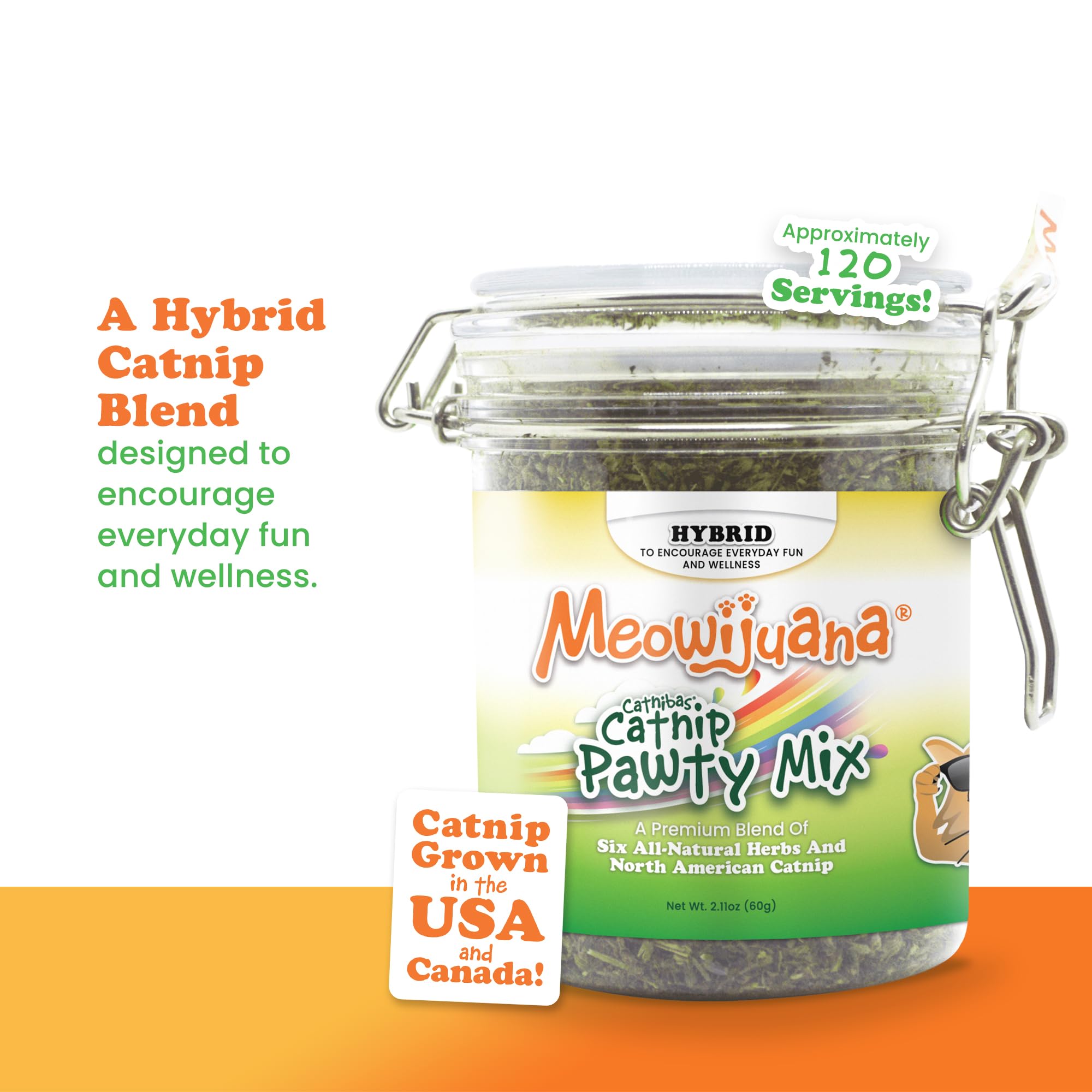 Jar ouvert Meowijuana Catnibas Pawty Mix prêt à saupoudrer.