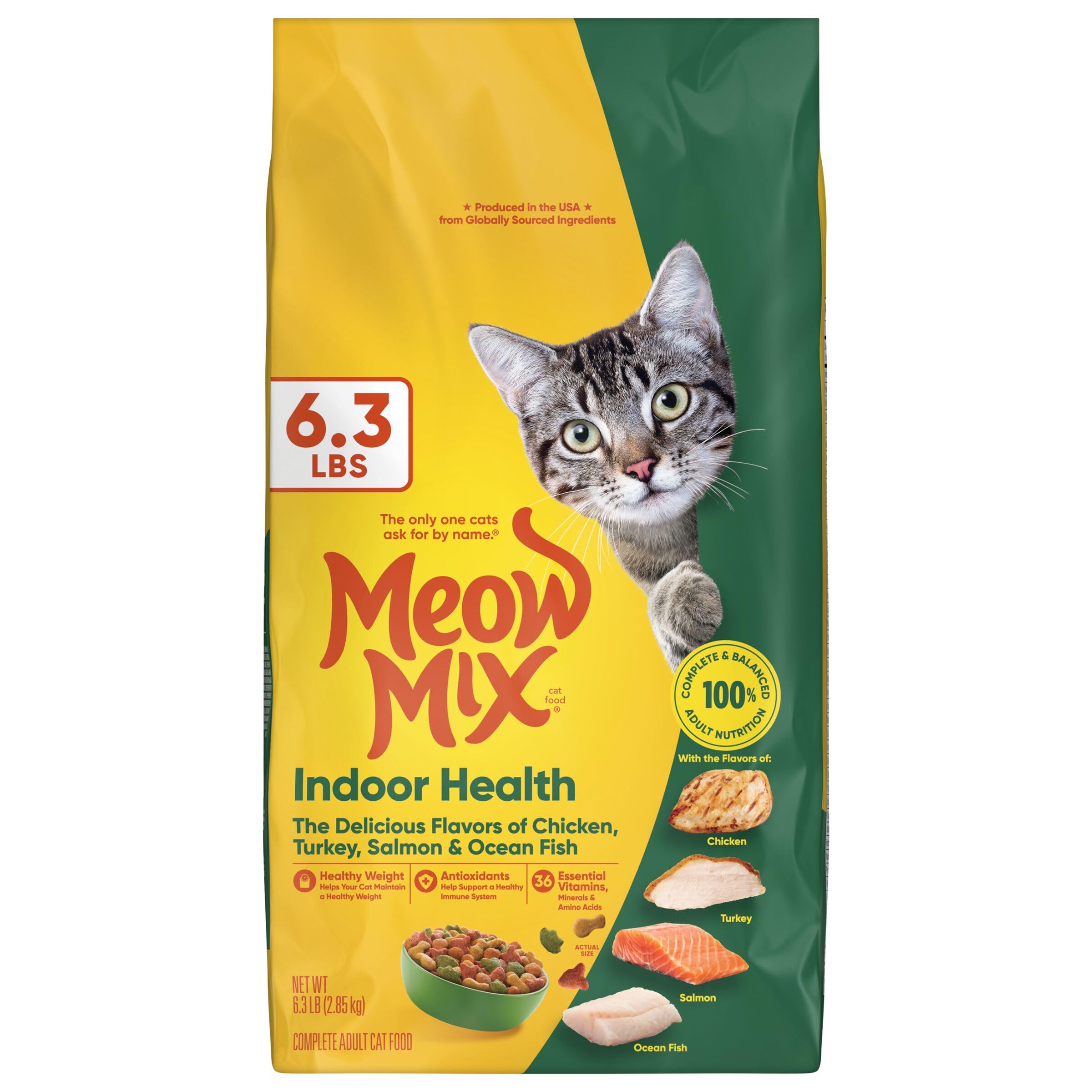 Meow Mix Indoor Health-ingredients-globaux, ingrédients sélectionnés pour une alimentation complète.