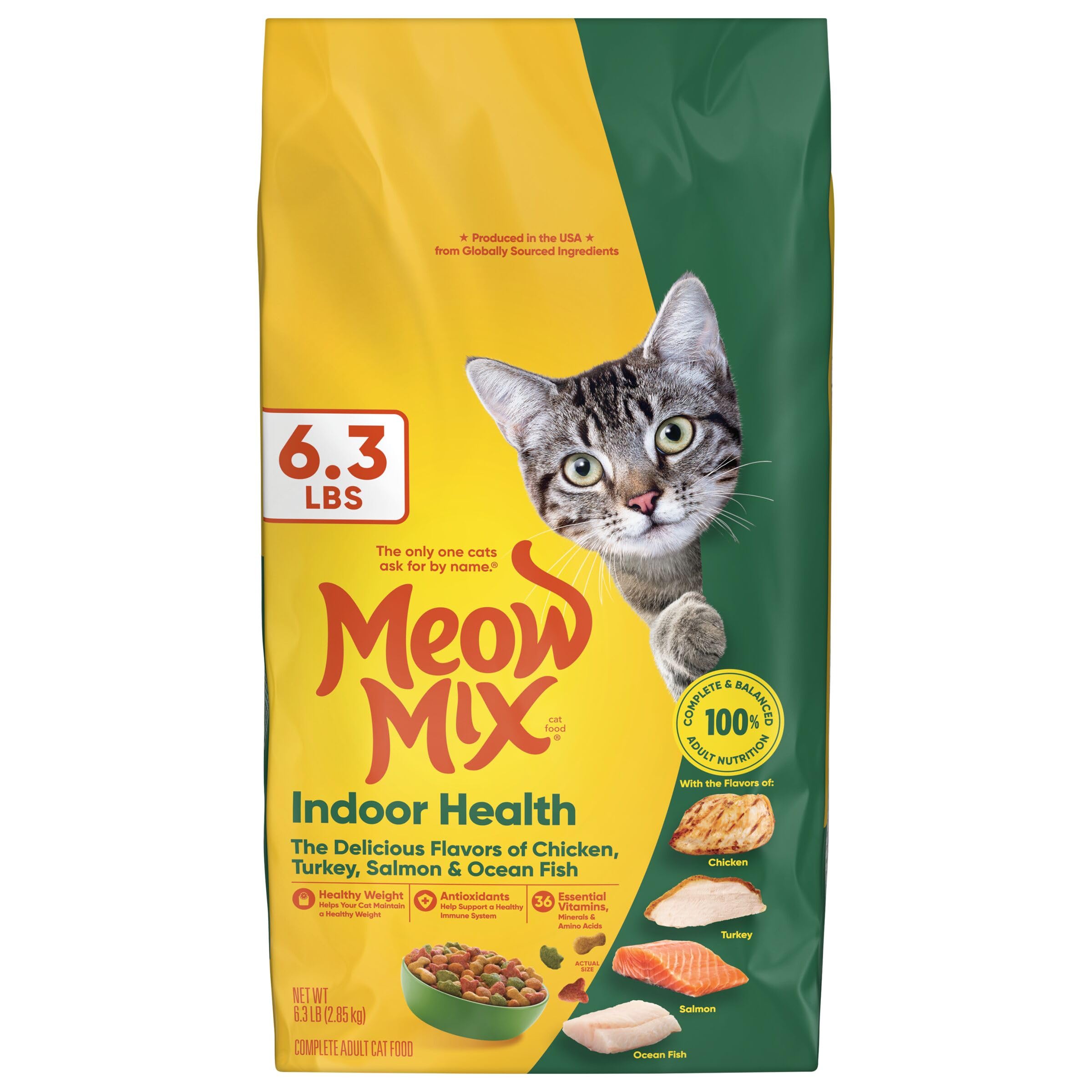 Meow Mix Indoor Health sac-6-3-livre, nutrition complète pour chat adulte.
