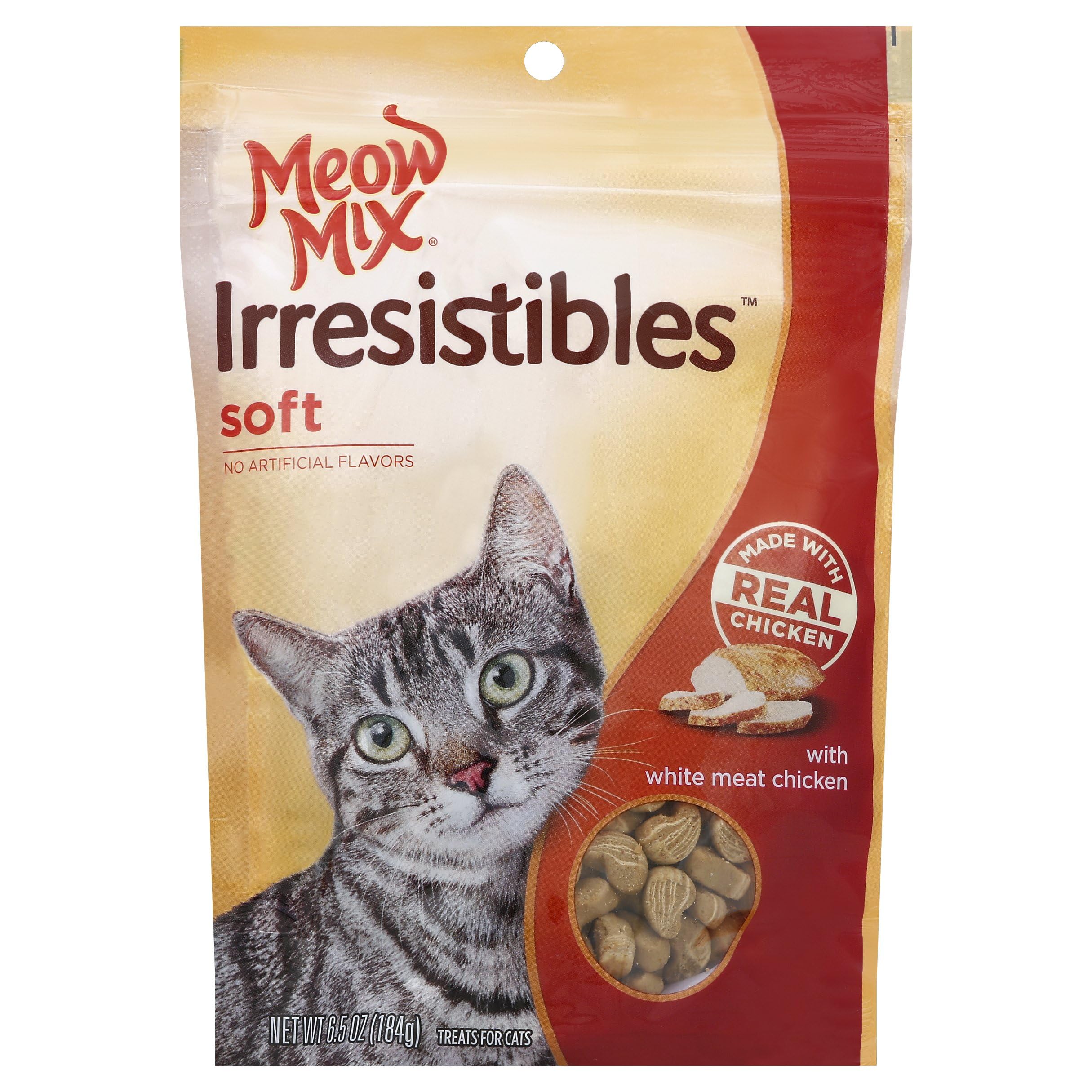 Meow Mix friandises chat emballage pratique, snack savoureux au poulet.