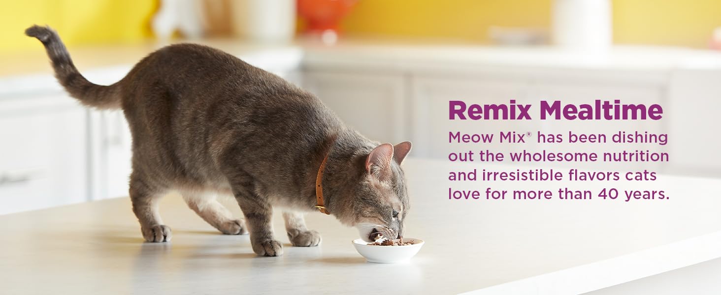 Meow Mix friandises chat emballage zoom, fraîcheur préservée.