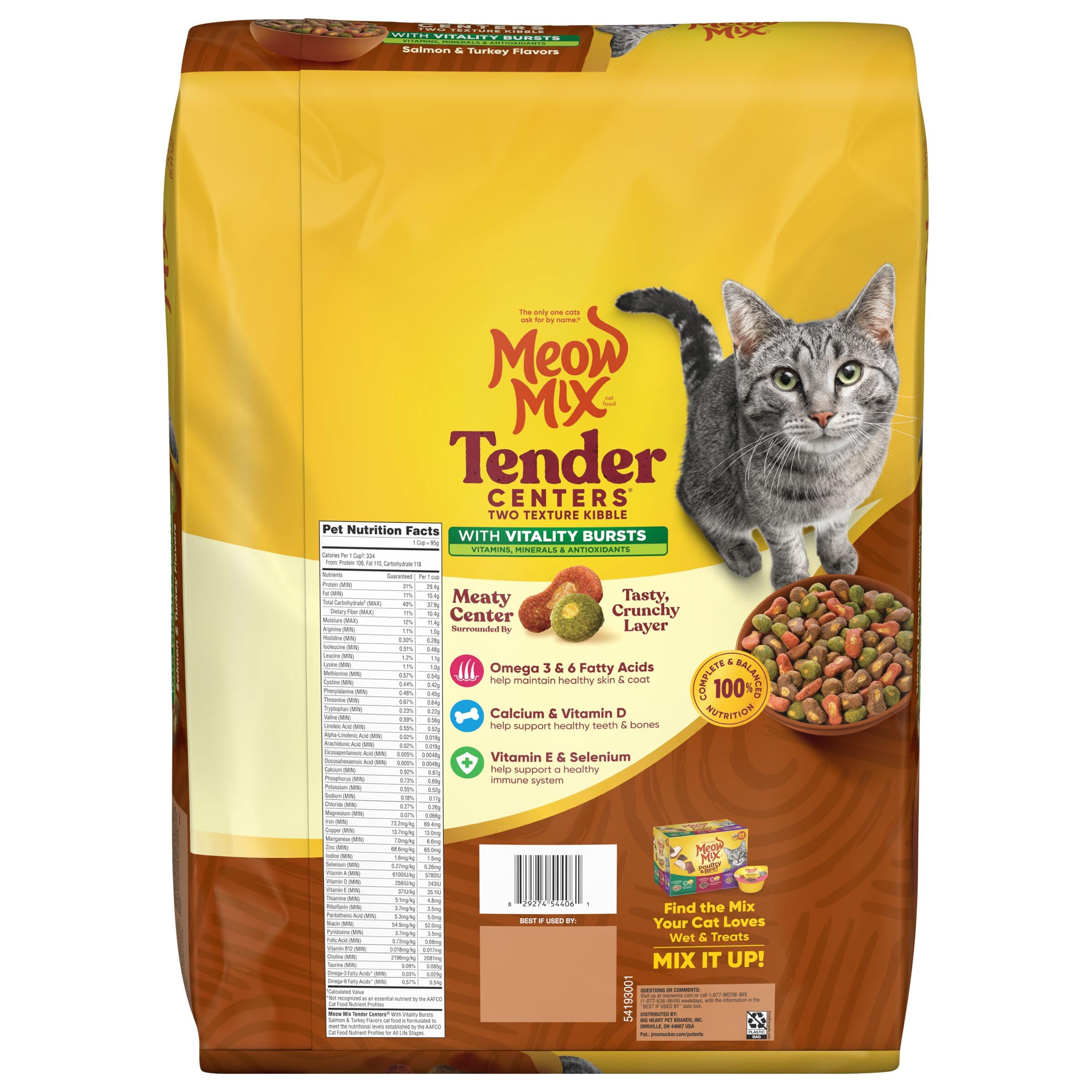 Oméga 3 et 6 pour peau et pelage sains avec Meow Mix.