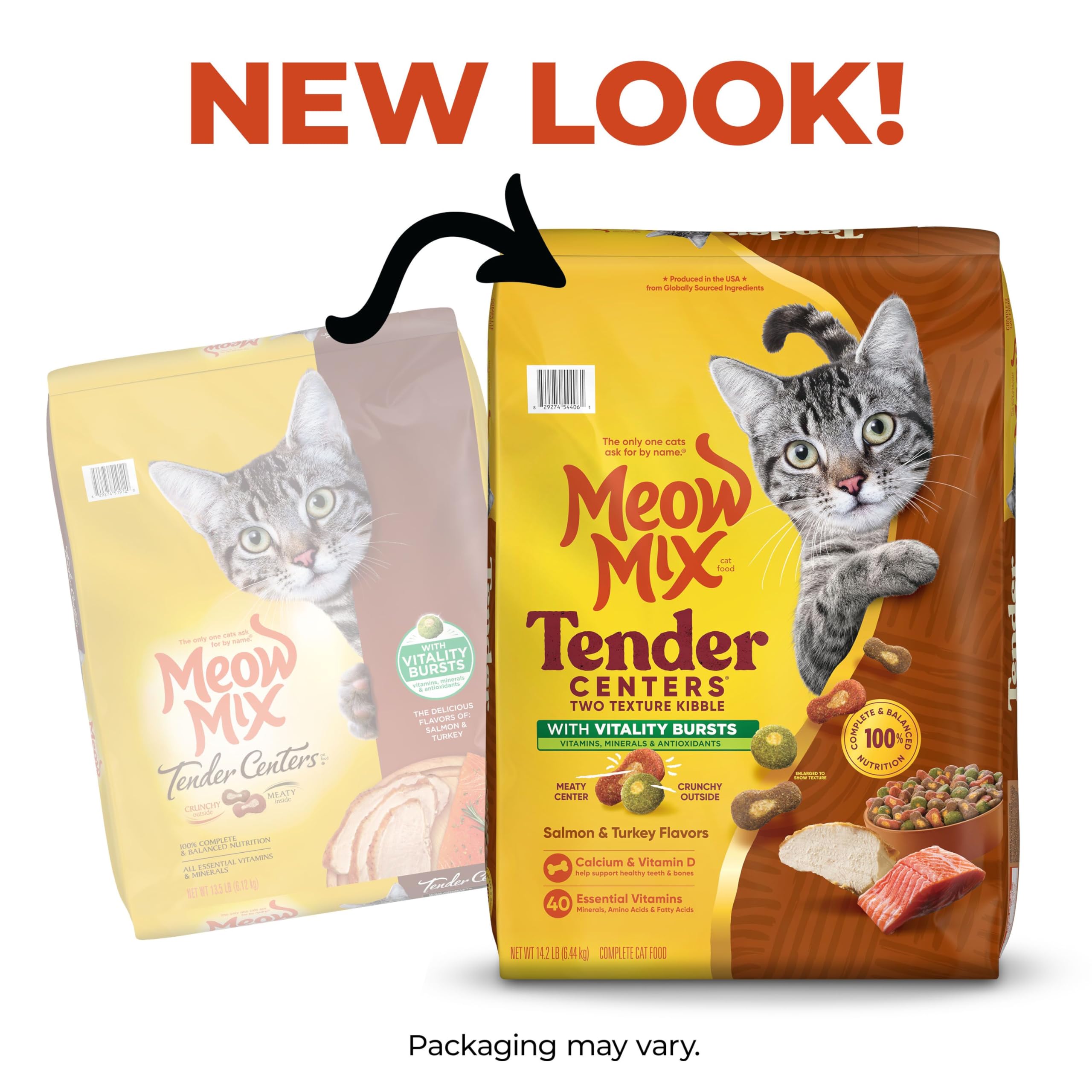 Texture double croquettes Meow Mix avec cœur tendre et croûte croquante.