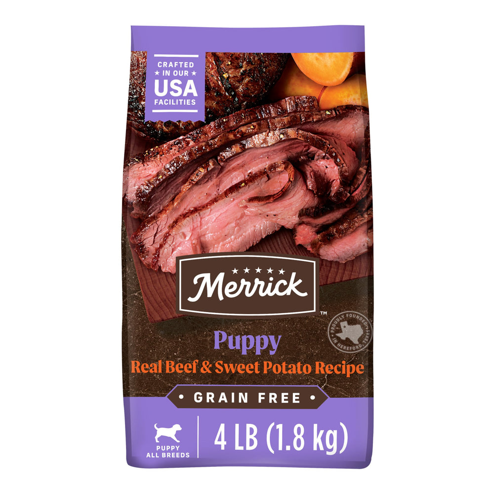 Merrick Premium Chiots sans céréales avec boeuf et patate douce, emballage visible et qualité
