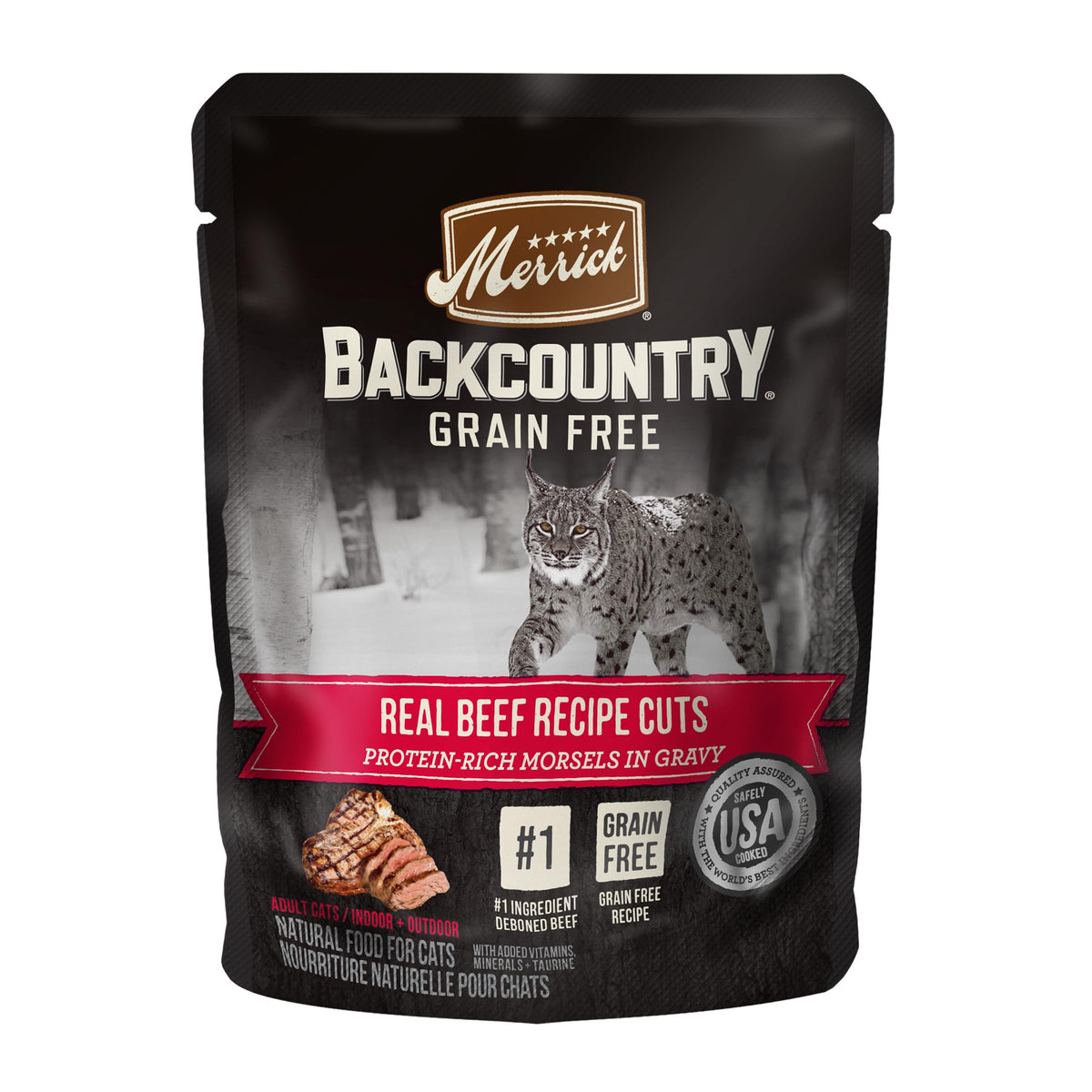 Merrick Backcountry: morceaux de boeuf dans gravy, protéines premium pour chats.