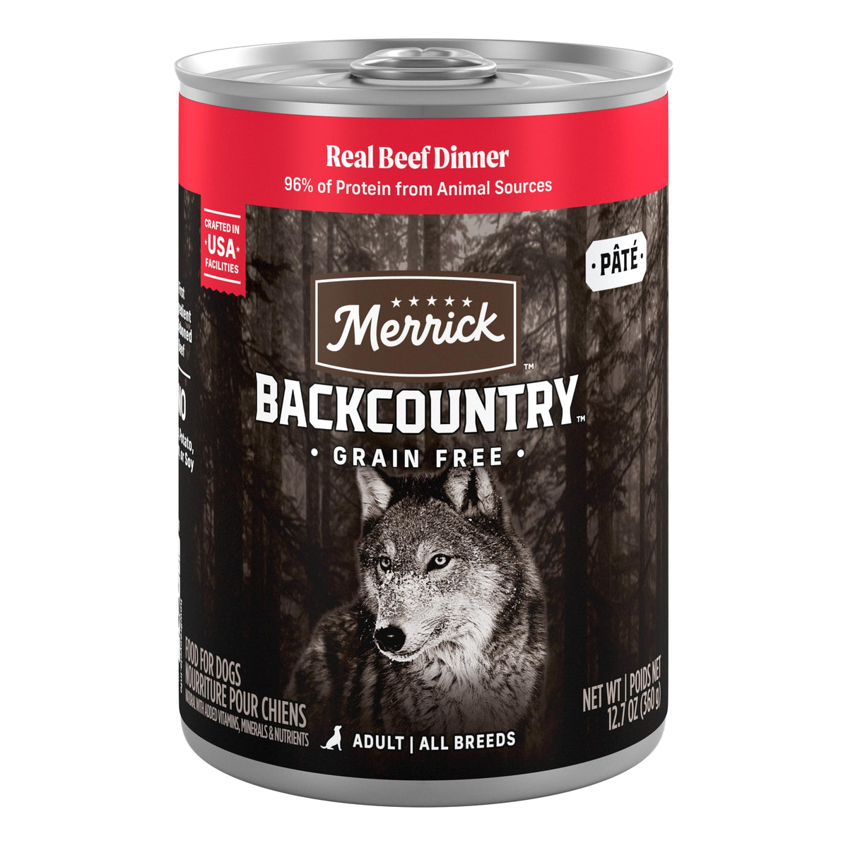 Merrick Backcountry Conserve Boeuf Entier : repas humide riche en protéines pour chien adulte.