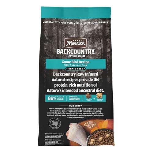 Merrick Backcountry Premier ingrédient poulet pour protéines naturelles.