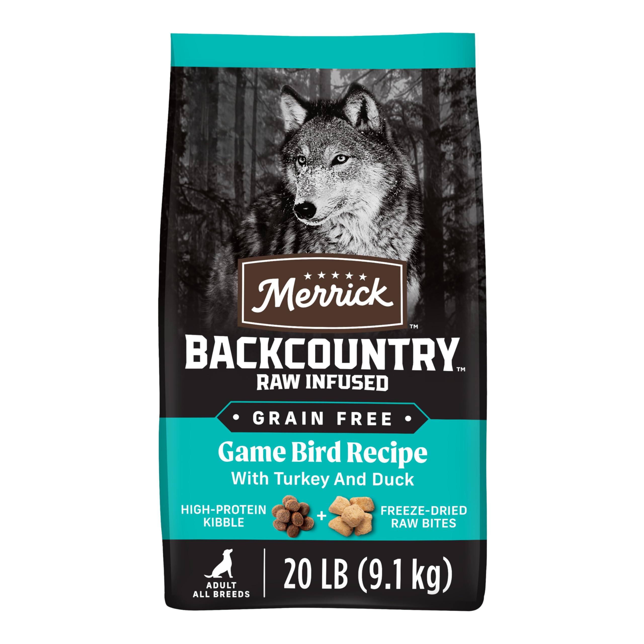 Merrick Backcountry sac de croquettes sans céréales pour chien adulte actif.