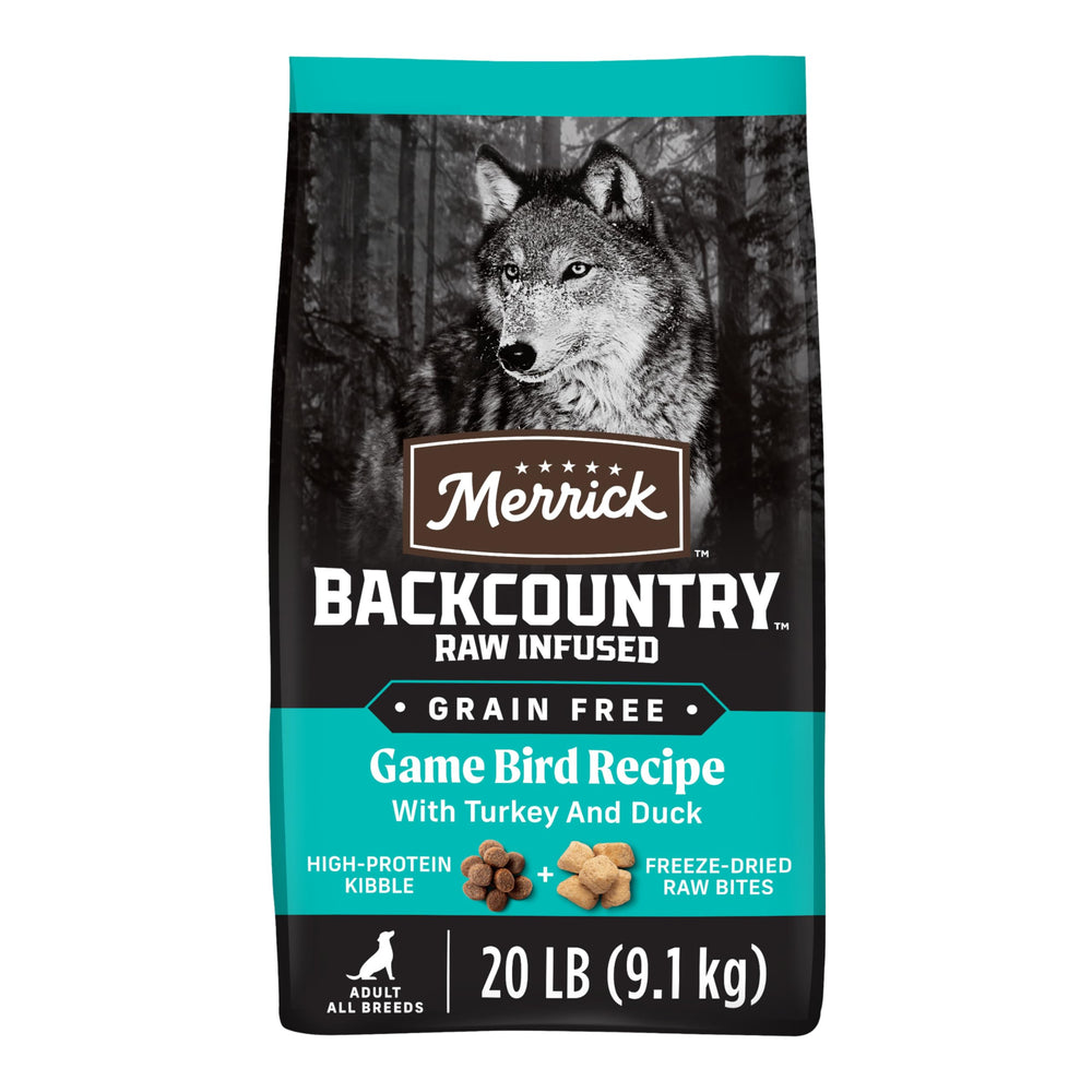 Merrick Backcountry sac de croquettes sans céréales pour chien adulte actif.