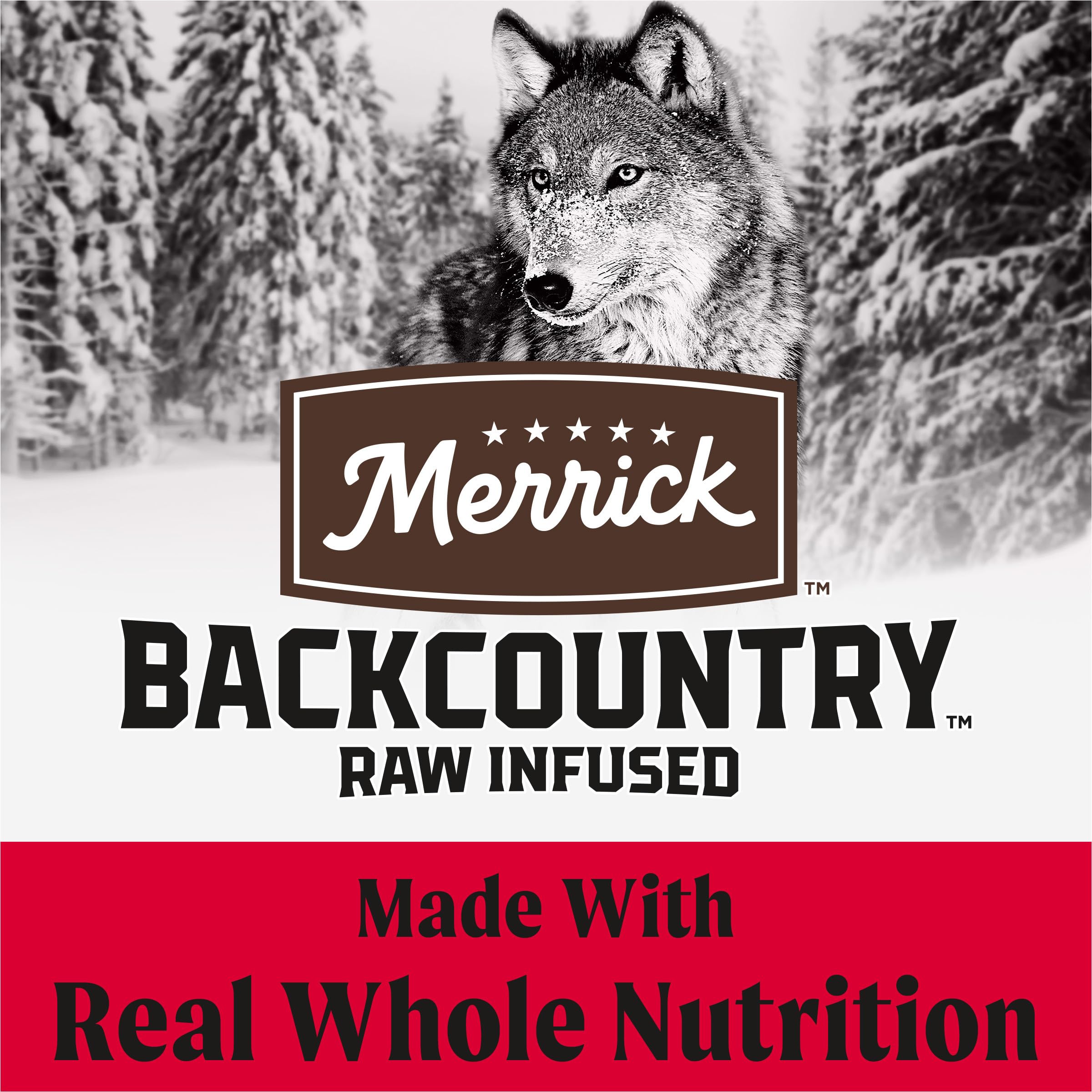 Merrick Backcountry Grains, morceaux crus séchés visibles pour texture attrayante.