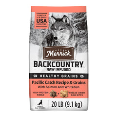 Merrick Backcountry Pacifique saumon-kibble: croquettes riches en protéines pour chiens actifs.