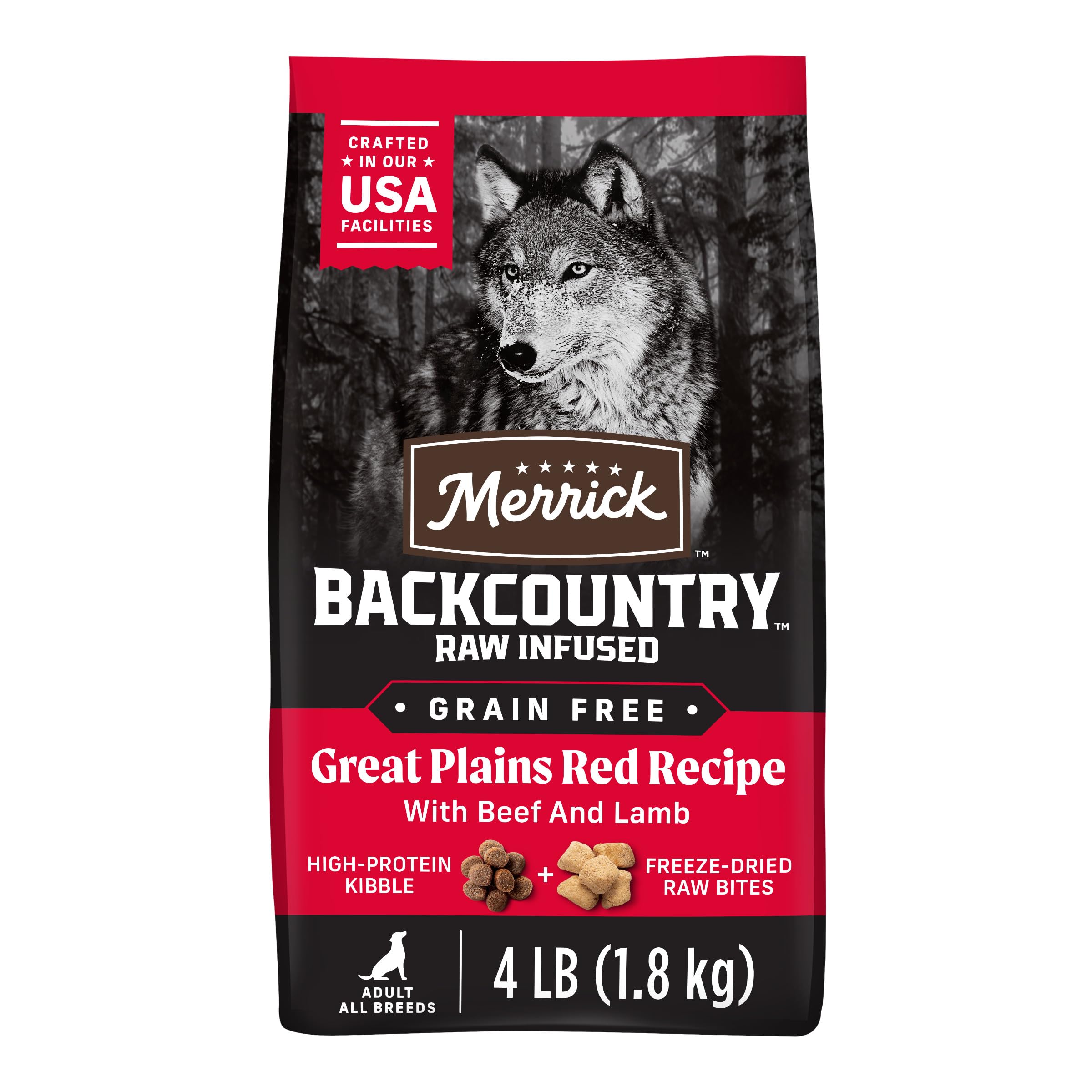Merrick Backcountry Great Plains Red sur sac, idéal pour chiens actifs sans cereales.