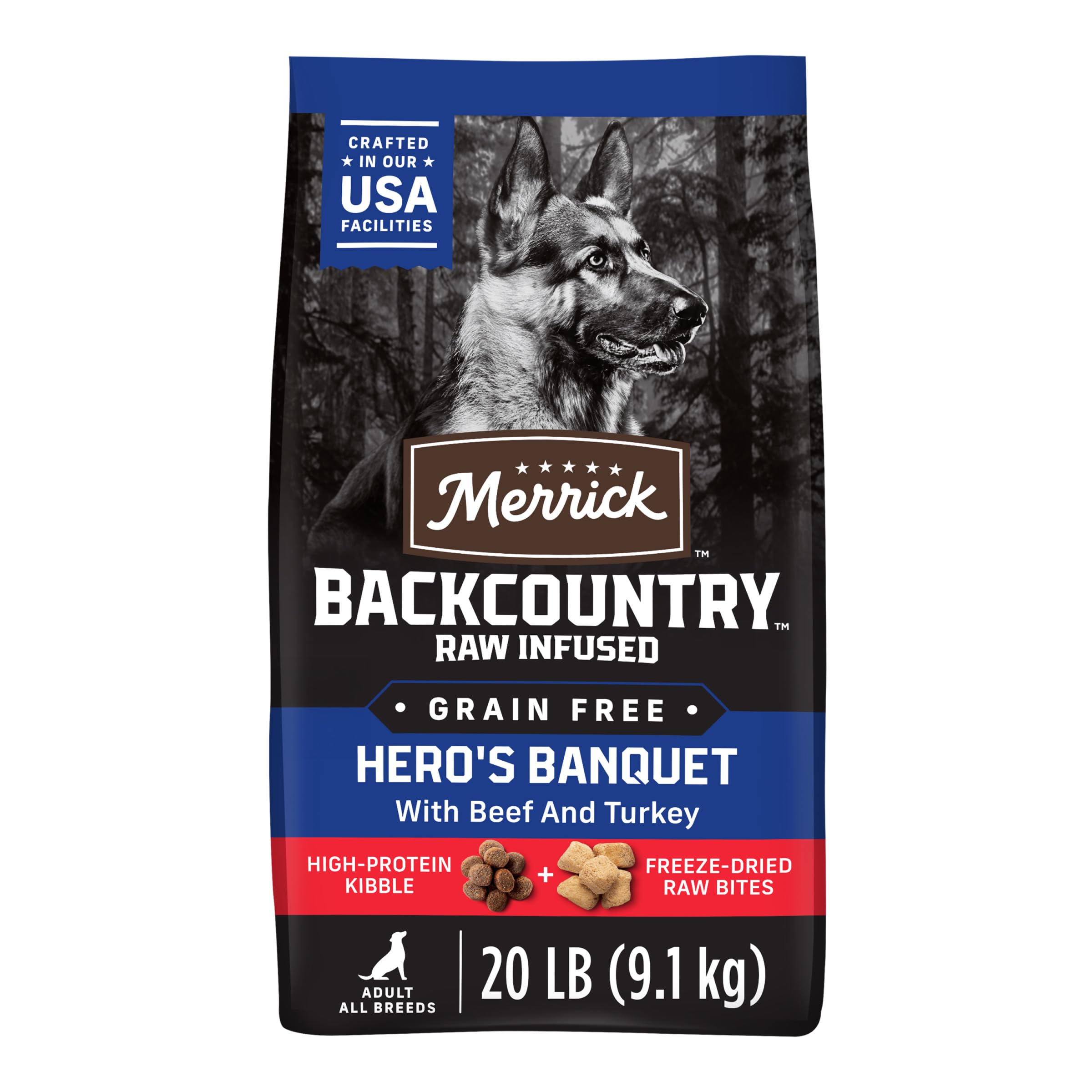 Sac Merrick Backcountry Hero’s Banquet en 20 lb, sans cereales, prêt à nourrir.