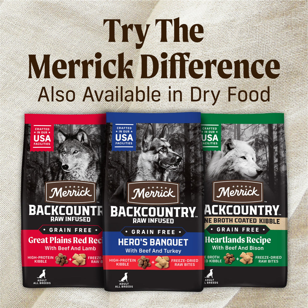 Merrick Backcountry sans grains, protéines élevées provenant d'ingrédients animaux.