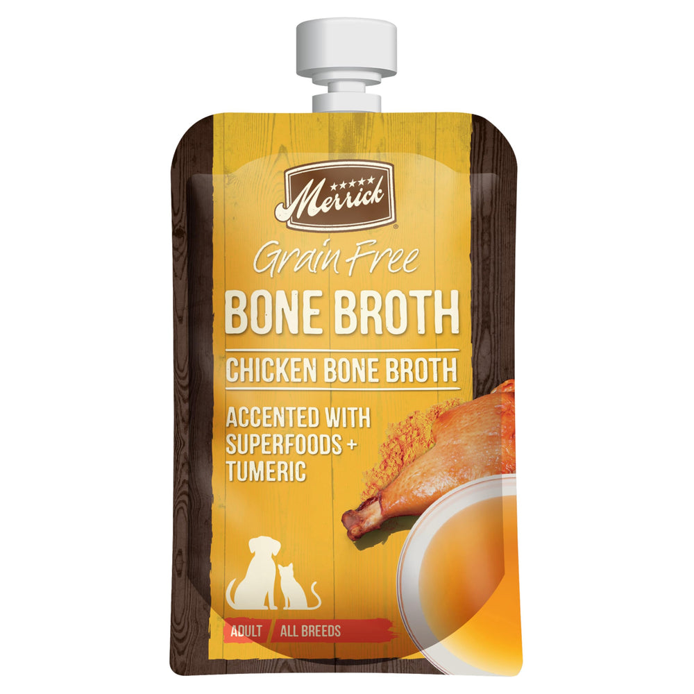 Merrick Bouillon Os Poulet, sachet 7oz, hydrate et rehausse les repas chiens et chats.