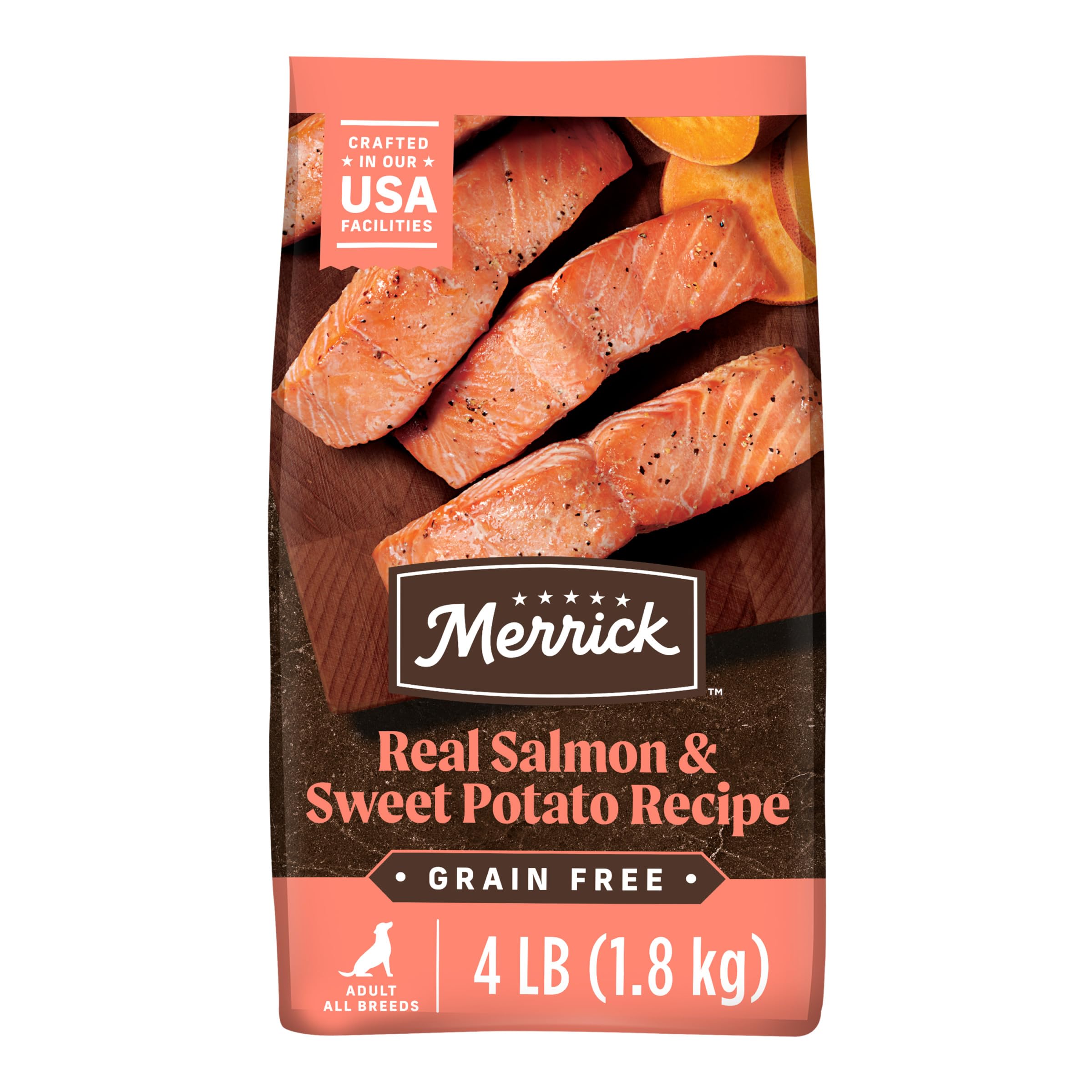 Merrick pour chien adulte – croquettes saumon et patate douce, premier ingrédient saumon.