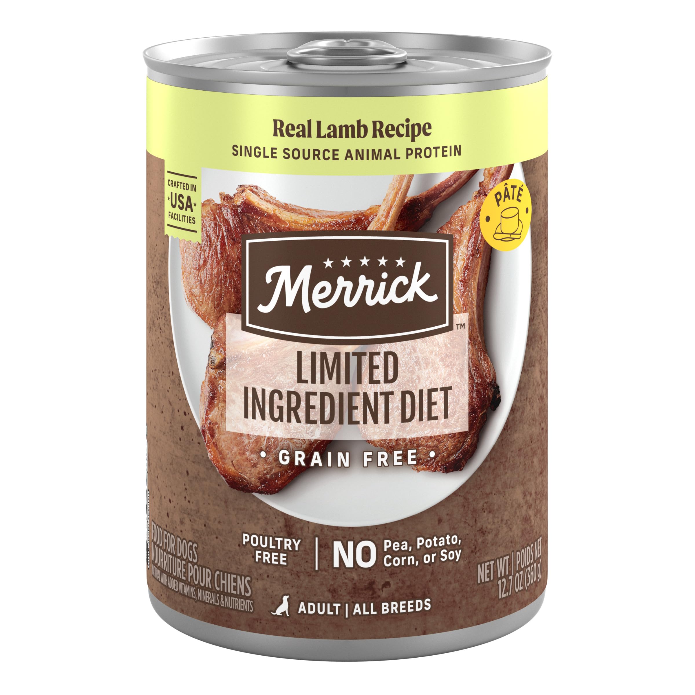 Conserve Merrick au gigot d'agneau, sans céréales, pour chien adulte.