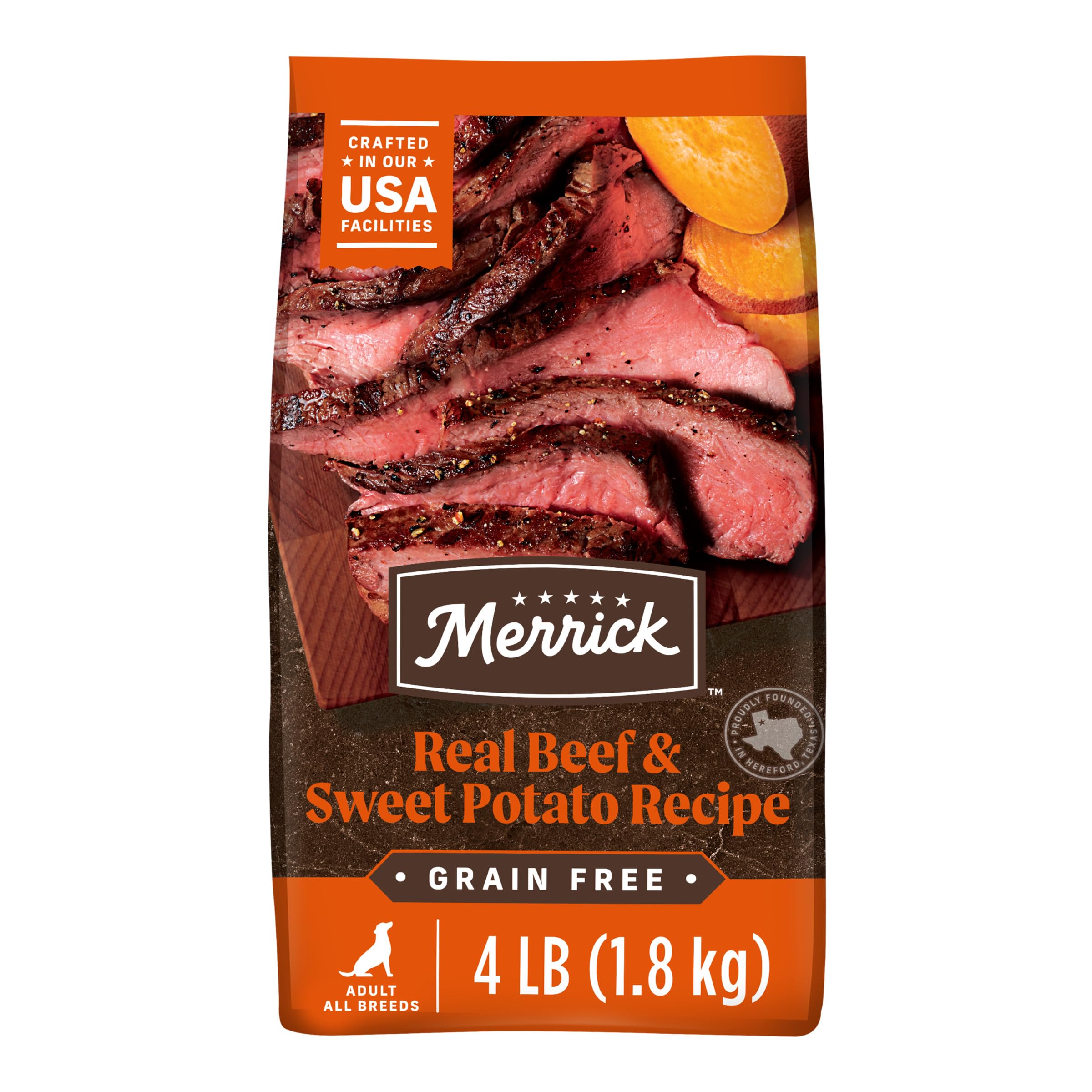 Merrick croquettes sans céréales boeuf et patate douce pour chien adulte, soutien musculaire.