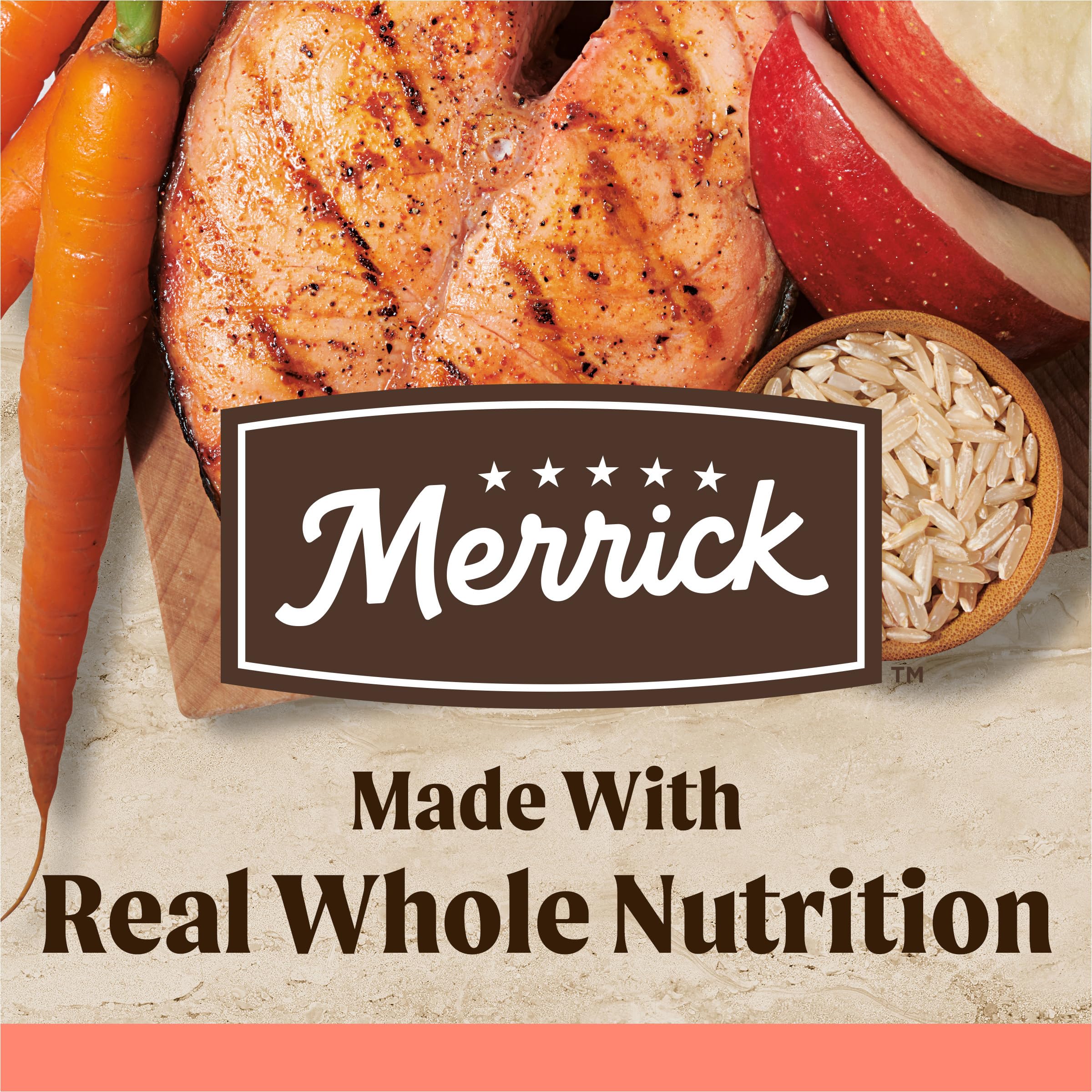 Merrick croquettes riches en protéines, saumon et riz brun, ingrédients naturels.