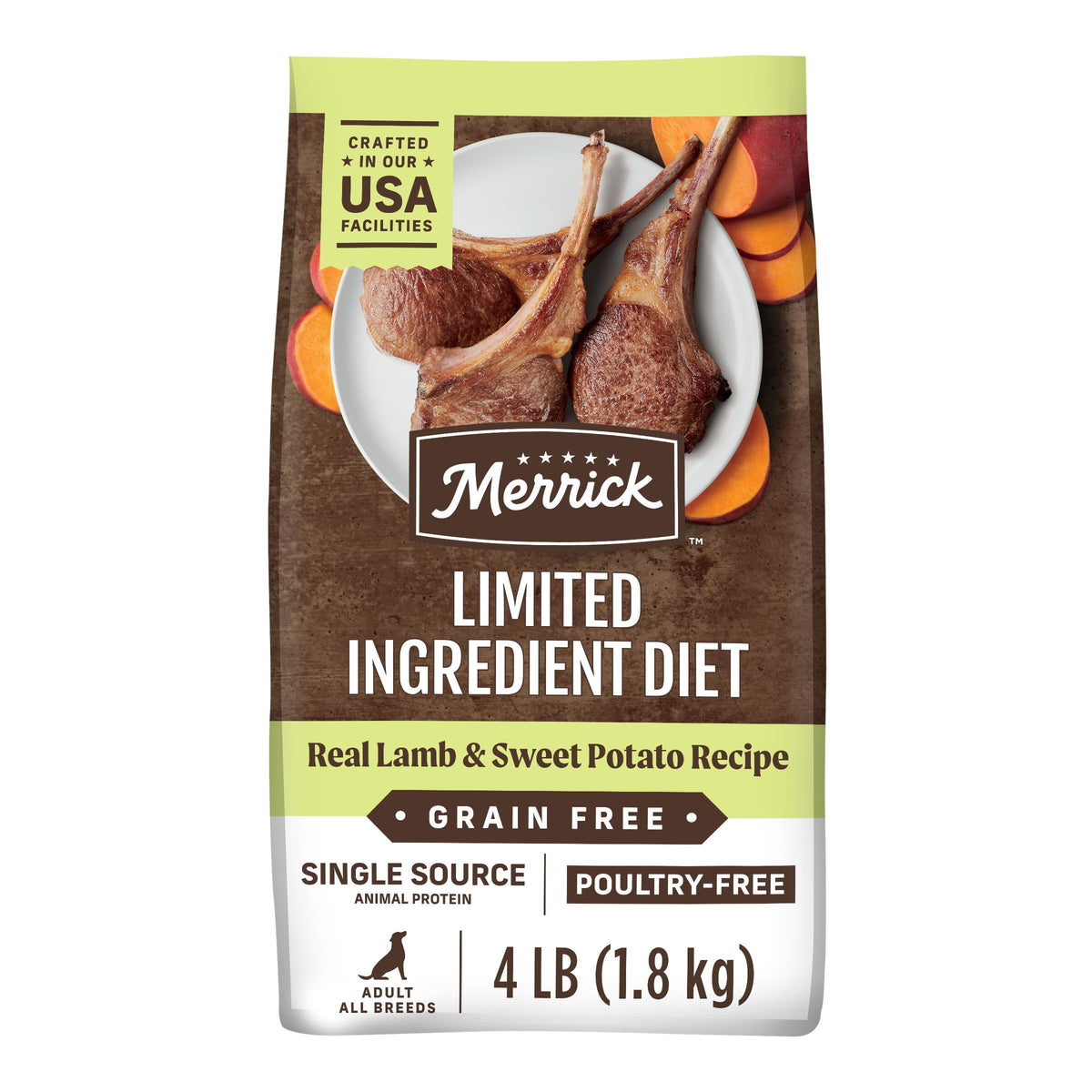 Merrick-aliments-secs-agneau-patate-douce: emballage clair et repas simple.
