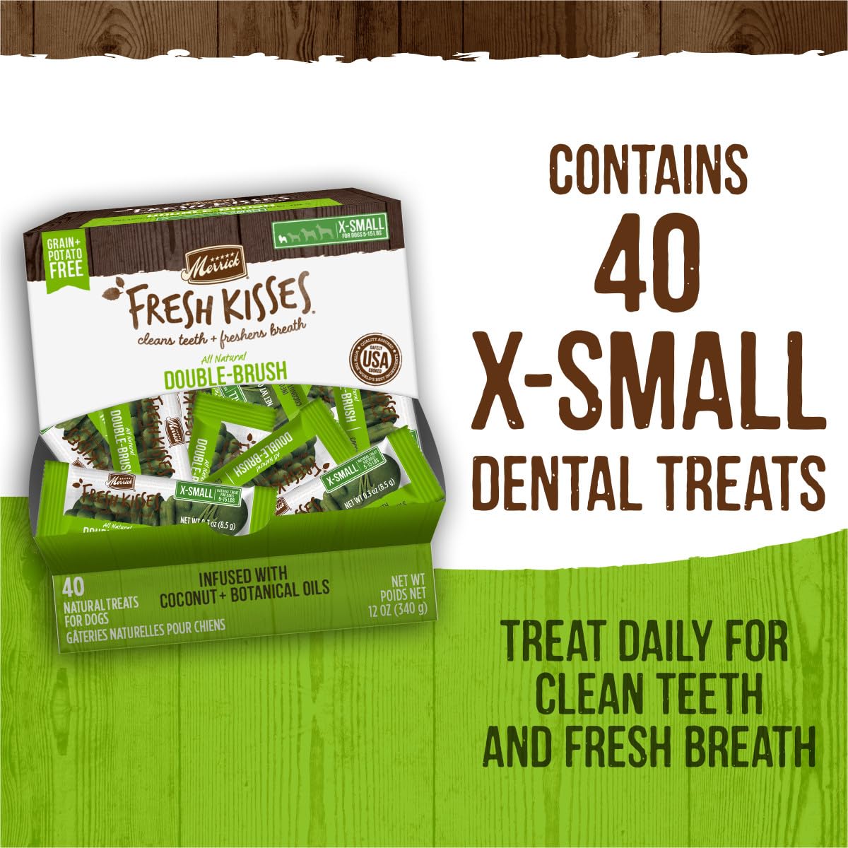 Merrick Fresh Kisses destinées aux chiens pesant 5-15 lb pour routine quotidienne.