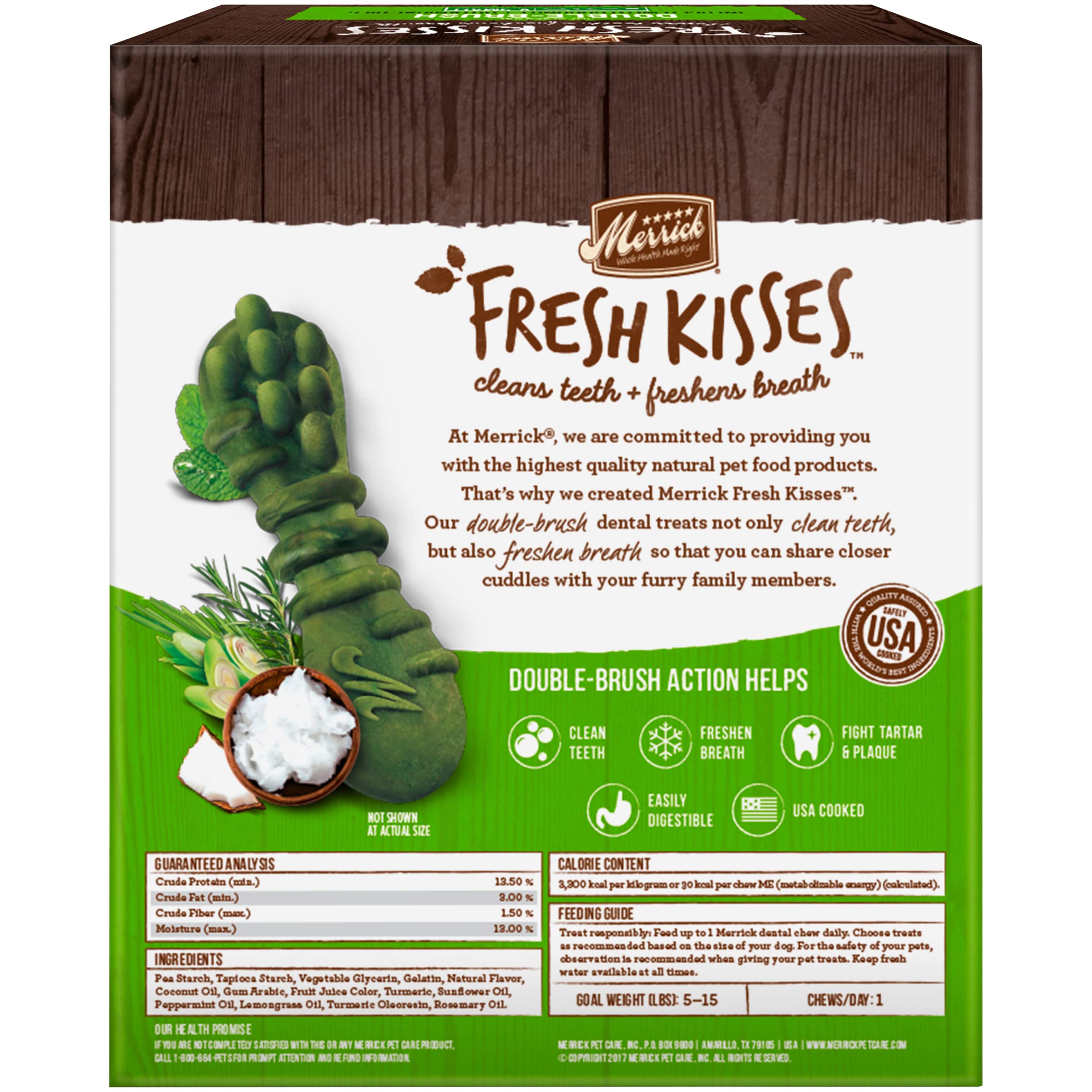 Merrick Fresh Kisses Double-Brush arômes coco menthe romarin pour haleine plus fraîche.