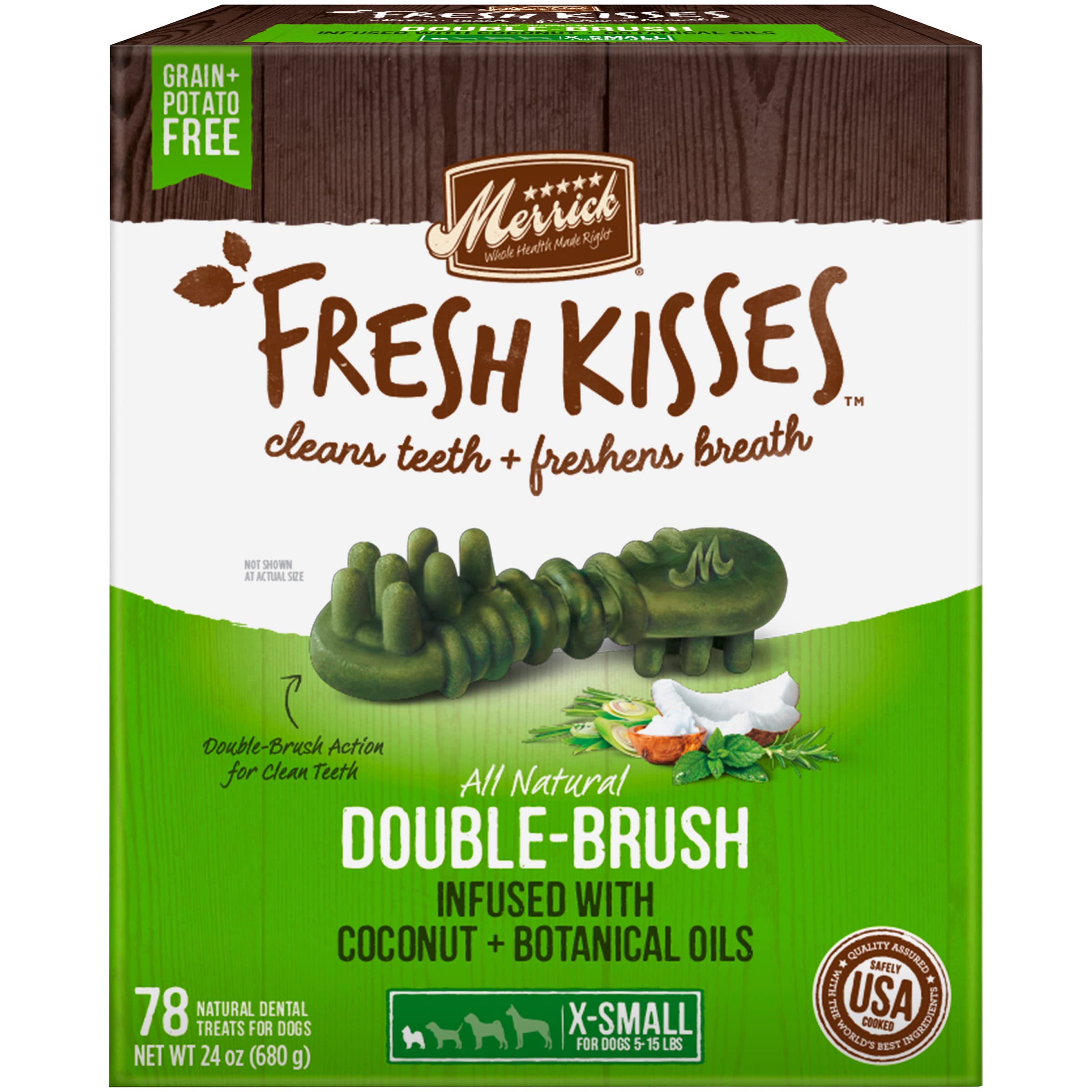 Merrick Fresh Kisses Double-Brush biscuit dentaire, texture douce pour nettoyer les dents.