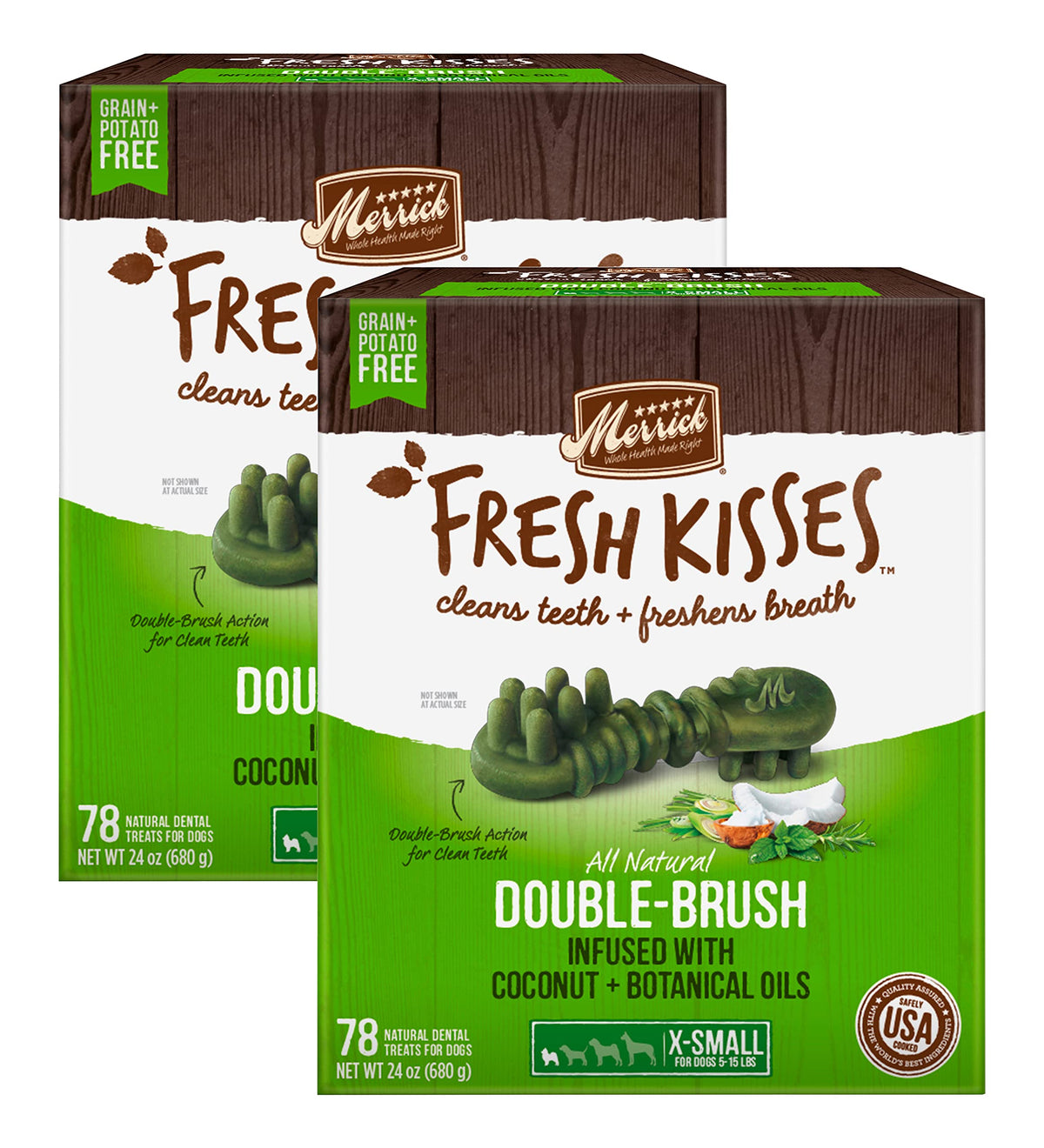 Merrick Fresh Kisses Double-Brush emballage duo, idéal pour chiens miniatures et brossage facilité.
