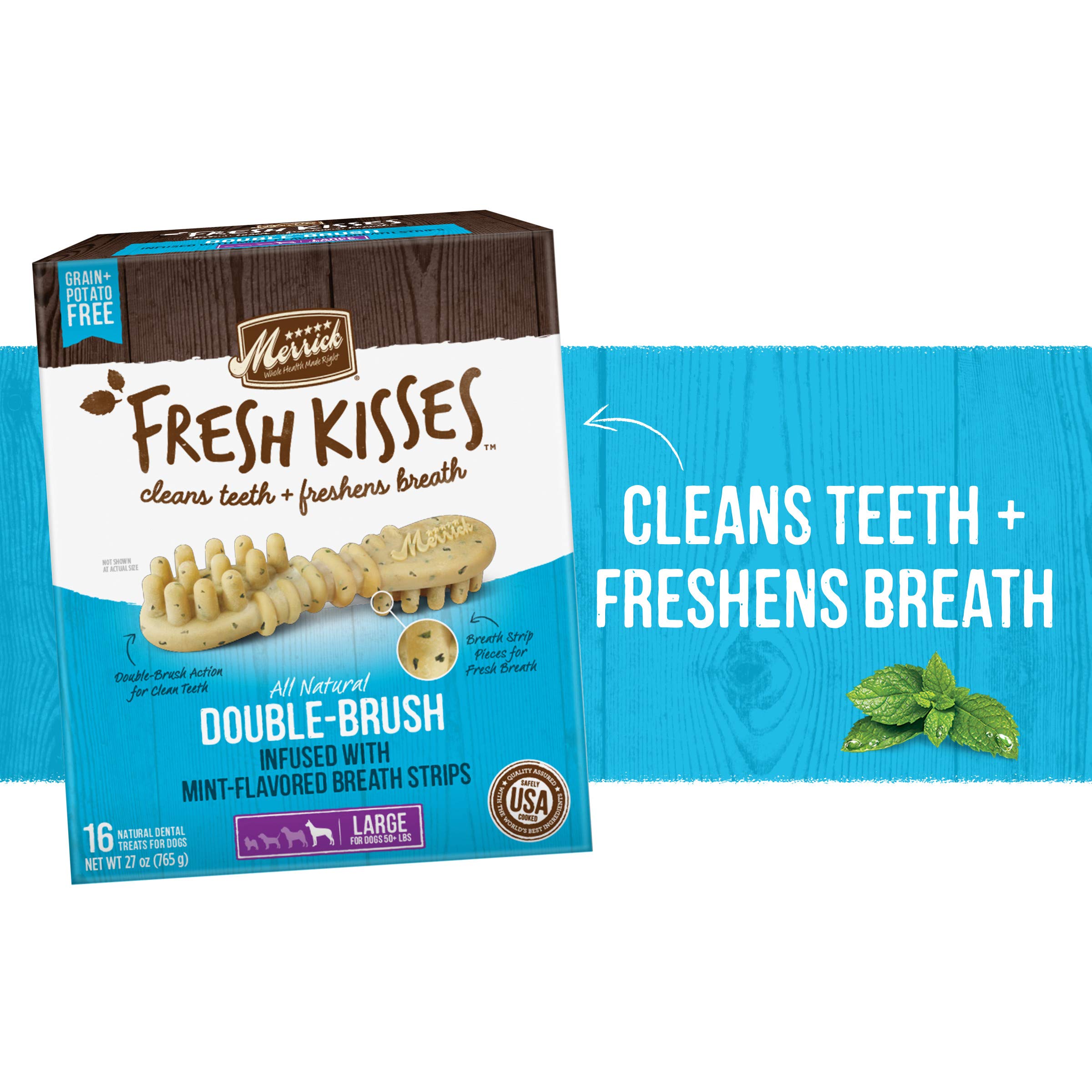 Gommes dentaires double brossage de Merrick Fresh Kisses adaptées aux grands chiens.