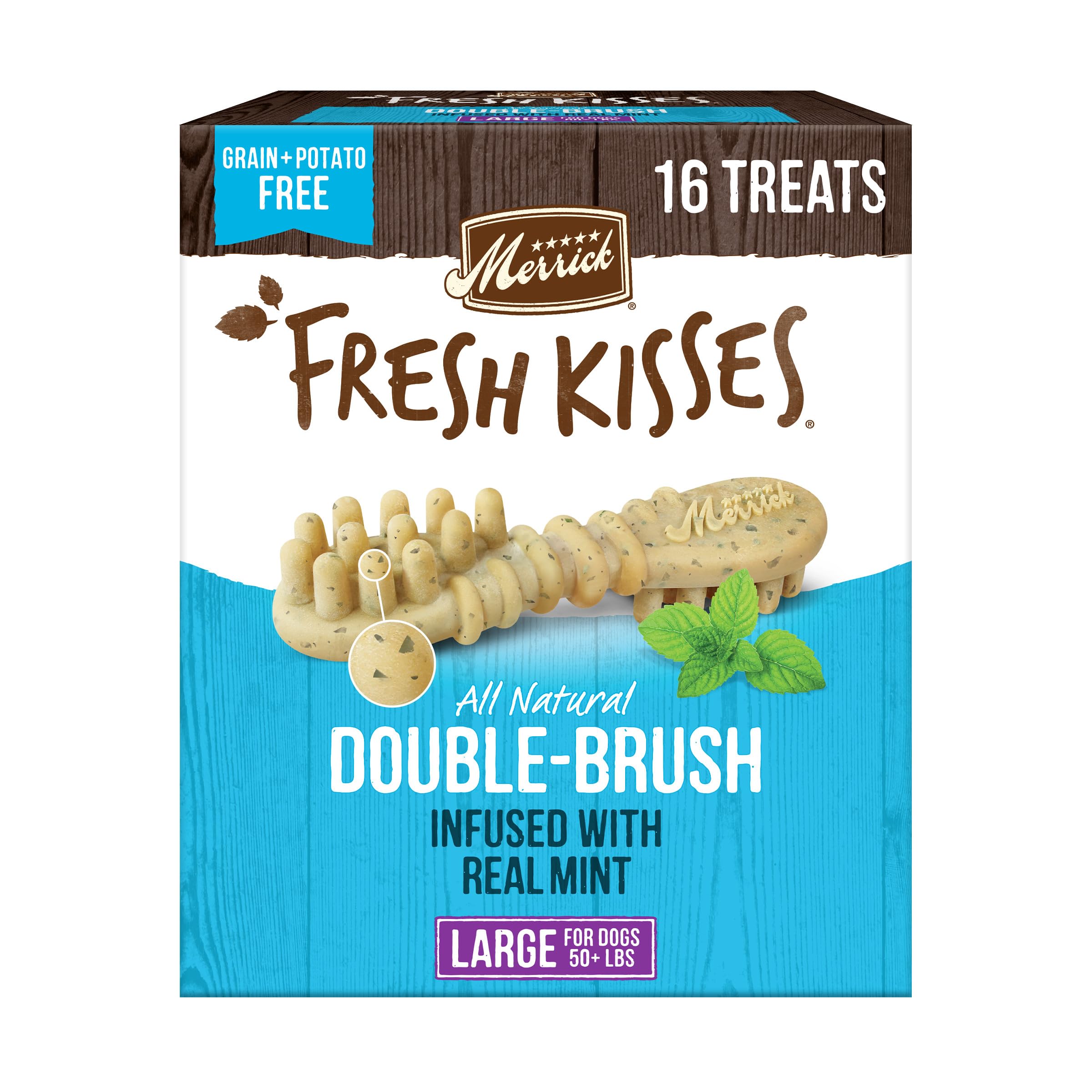 Emballage Merrick Fresh Kisses pour gros chien, pratique et prêt à l'emploi pour l'hygiène buccale.