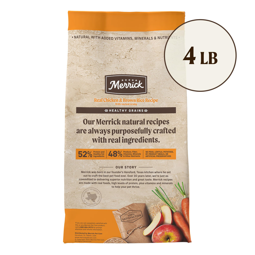 Merrick Healthy Grains, protéines et énergie soutenue pour chiens actifs.