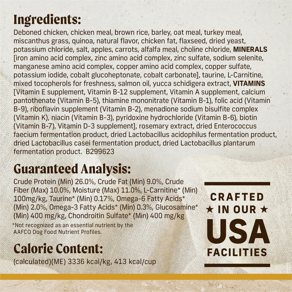 Merrick Healthy Grains, poulet désossé premier ingrédient, source de protéines.