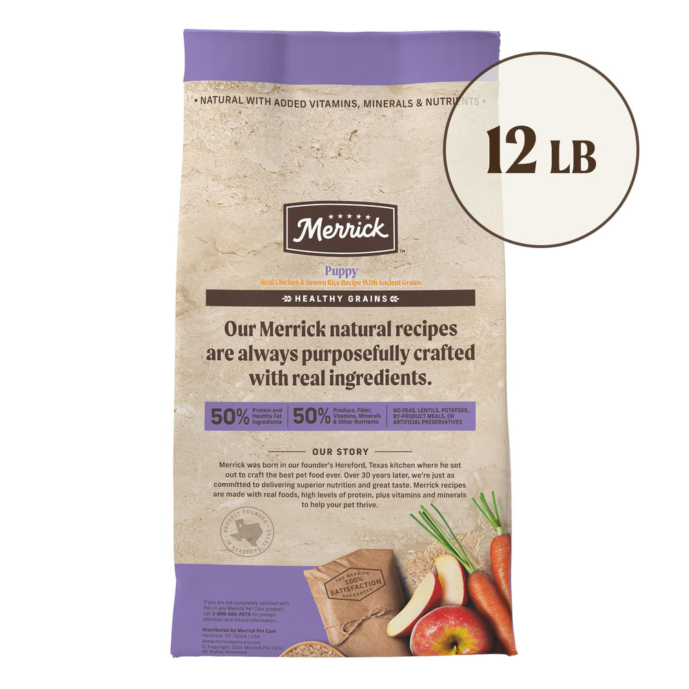 Merrick Puppy grains: sans pommes-de-terre pour digestion legere.