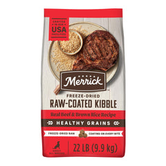 Merrick Grains Sains croquettes au bœuf et riz brun, arôme appétissant.