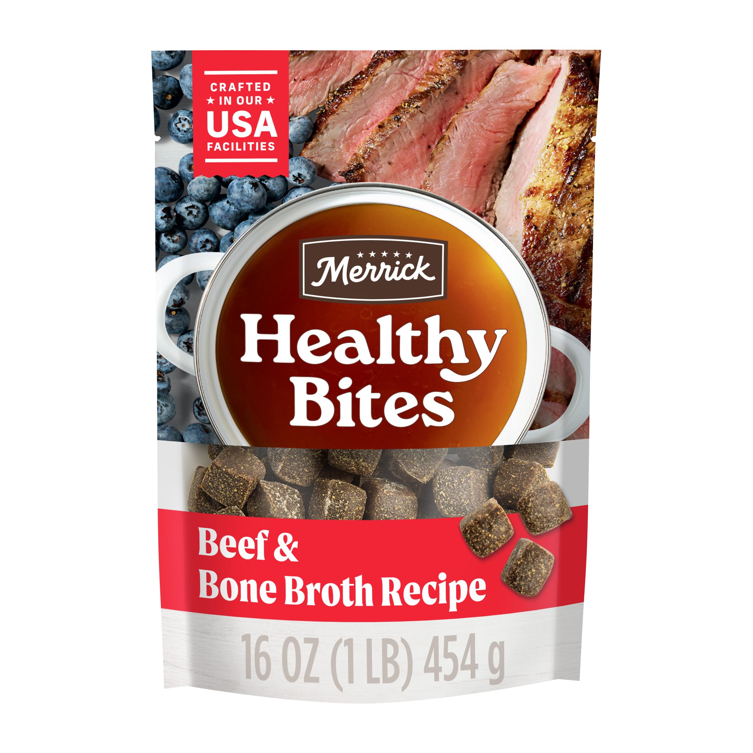 Merrick Healthy Bites boeuf et bouillon d'os – bouchées tendres pour récompense.
