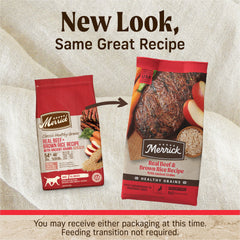 Merrick Healthy Grains avoine pour digestion douce et croquettes faciles.