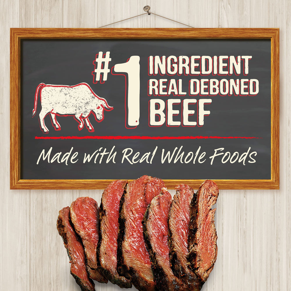 Merrick Healthy Grains boeuf reel et riz marron, premier ingrédient recommandé.