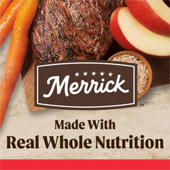 Merrick Healthy Grains ingrédients vedette boeuf, saveur naturelle et protéines.
