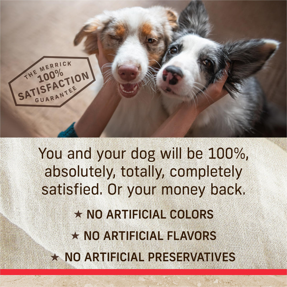 Merrick Healthy Grains ingrédients naturels et vitamines pour chien adulte.