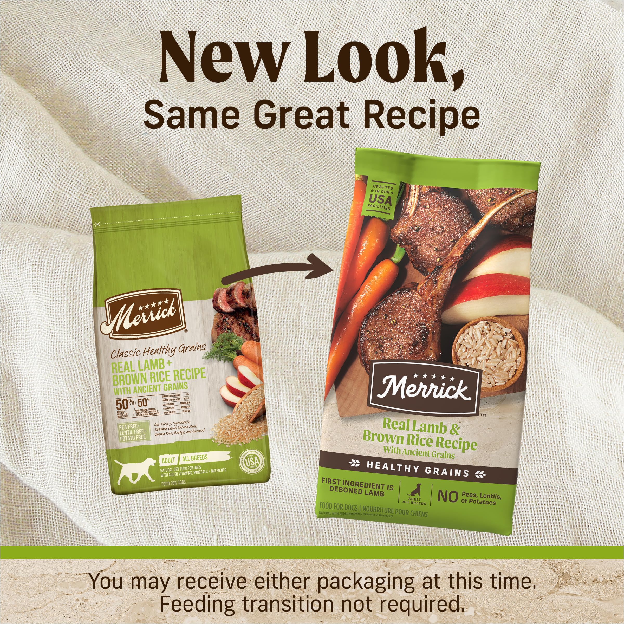 Merrick Healthy Grains présente agneau désossé comme premier ingrédient.