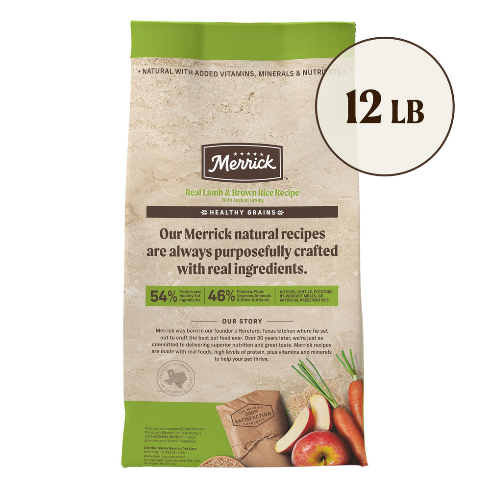 Merrick Healthy Grains sans pois, lentilles, maïs ni soja pour une recette naturelle.