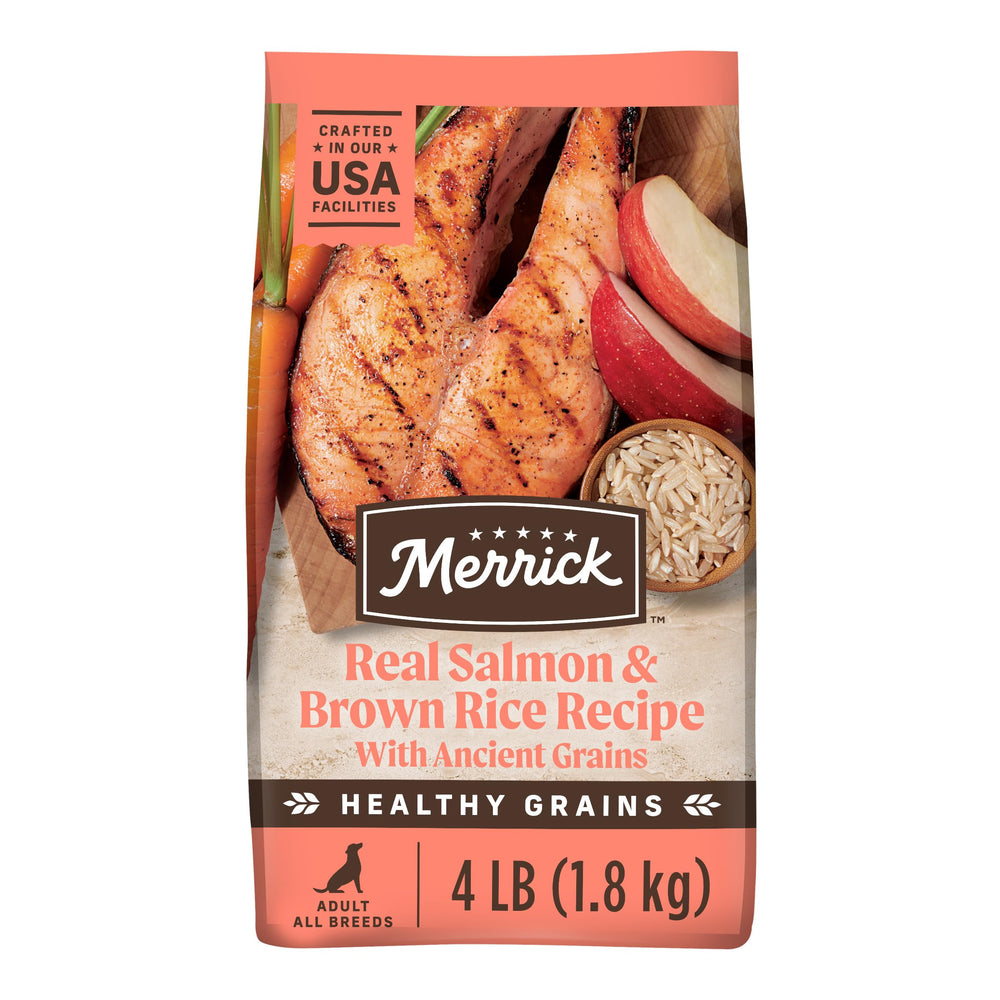 Merrick croquettes saumon et riz brun, chien adulte, énergie et masse musculaire.