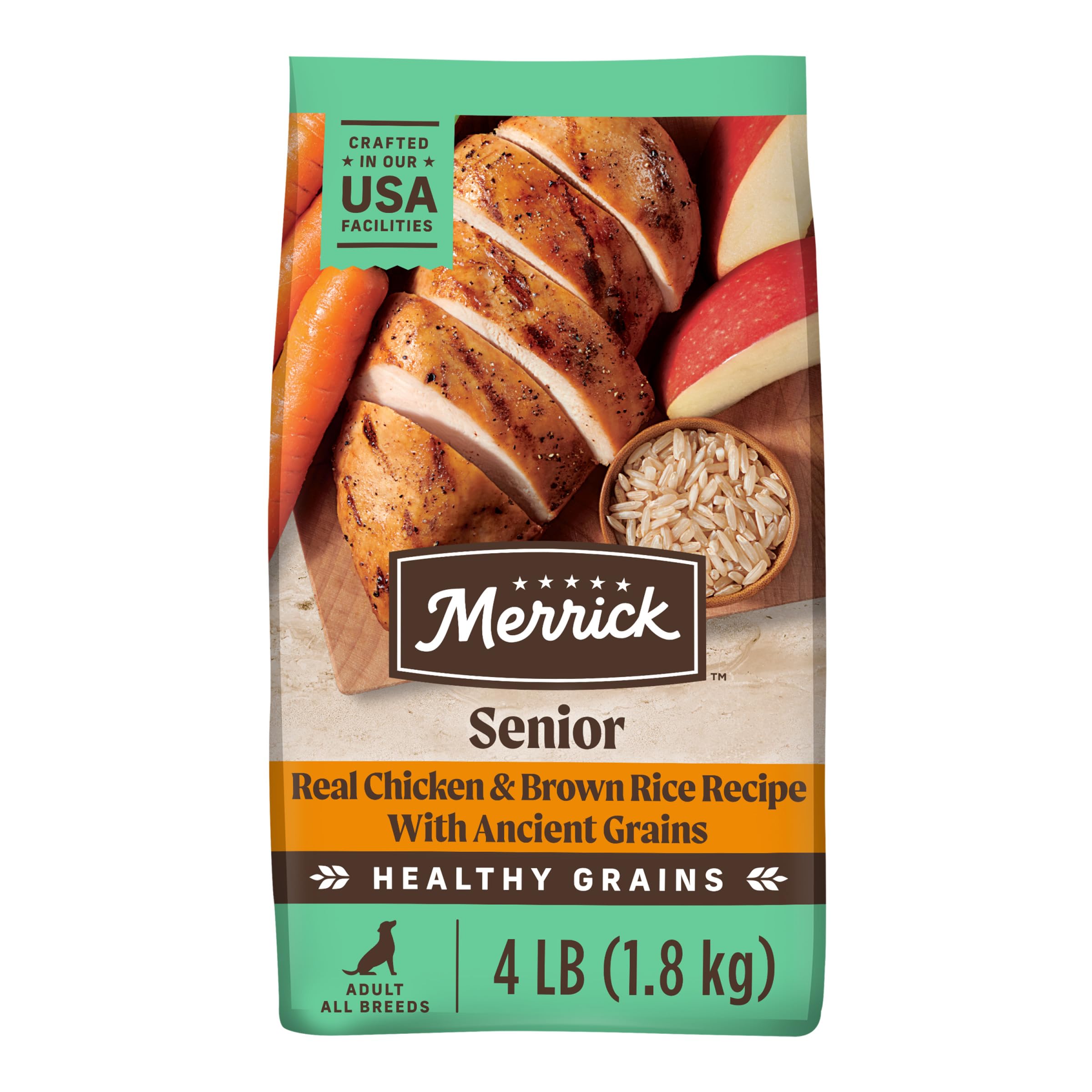 Merrick Healthy Grains Senior – croquettes au poulet, énergie potentielle pour chiens âgés.